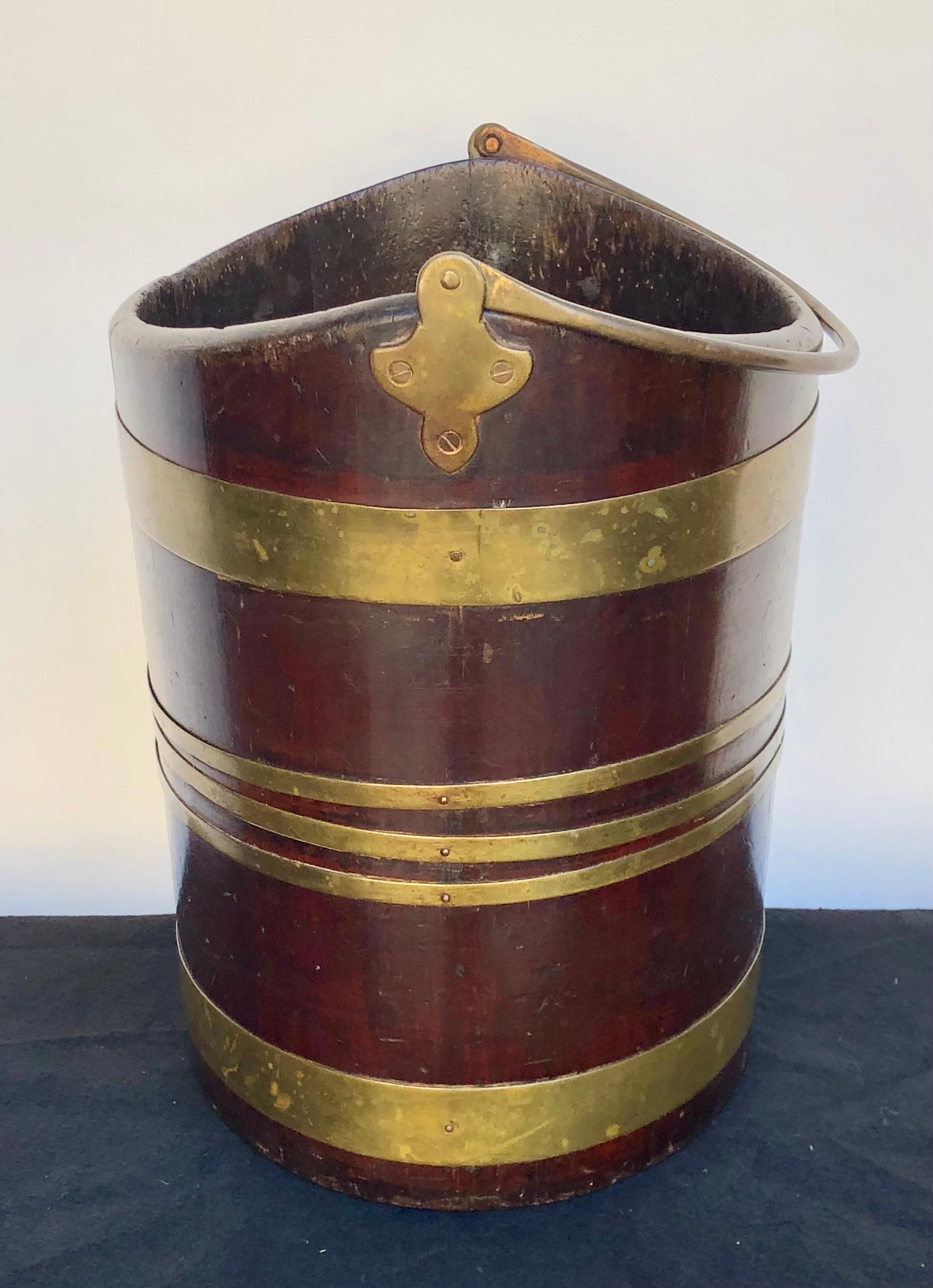 Hand-Carved Labeled George III Brass-Bound Mahogany Navette Form Peat Bucket, 19th Century For Sale