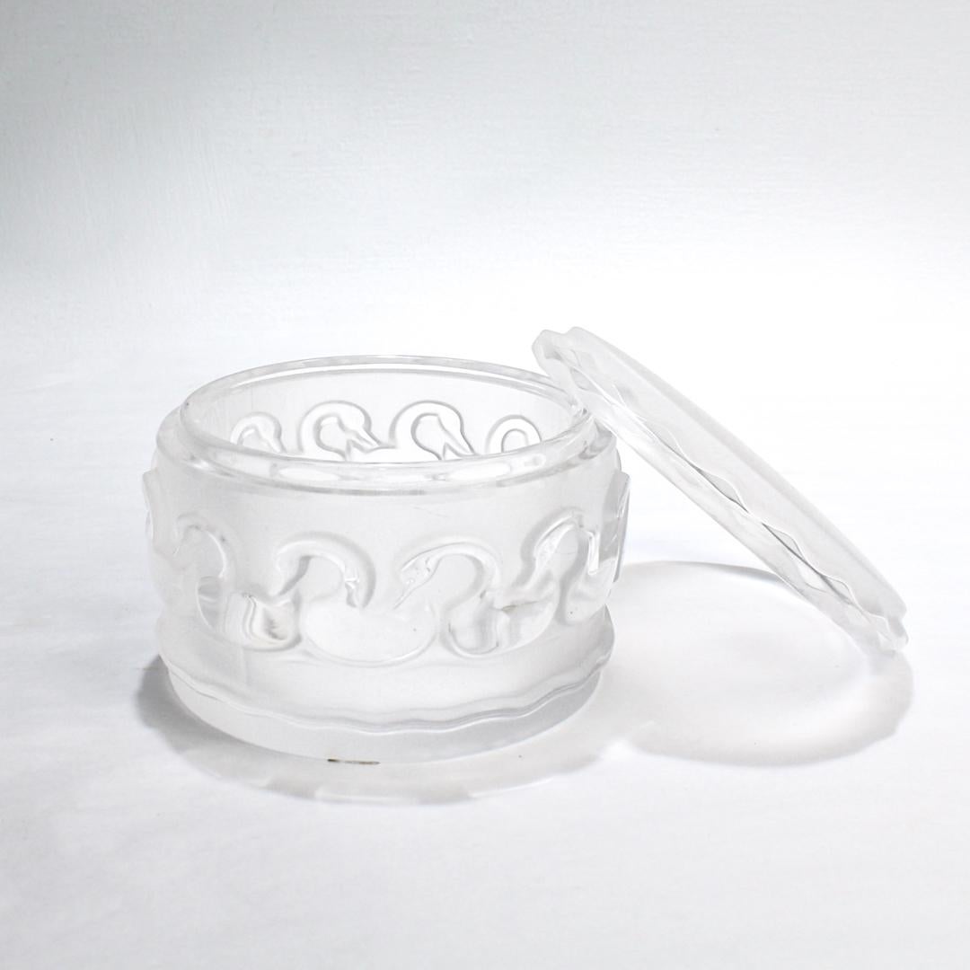 Art Deco Labeled Lalique Crystal Swans Covered Box For Sale