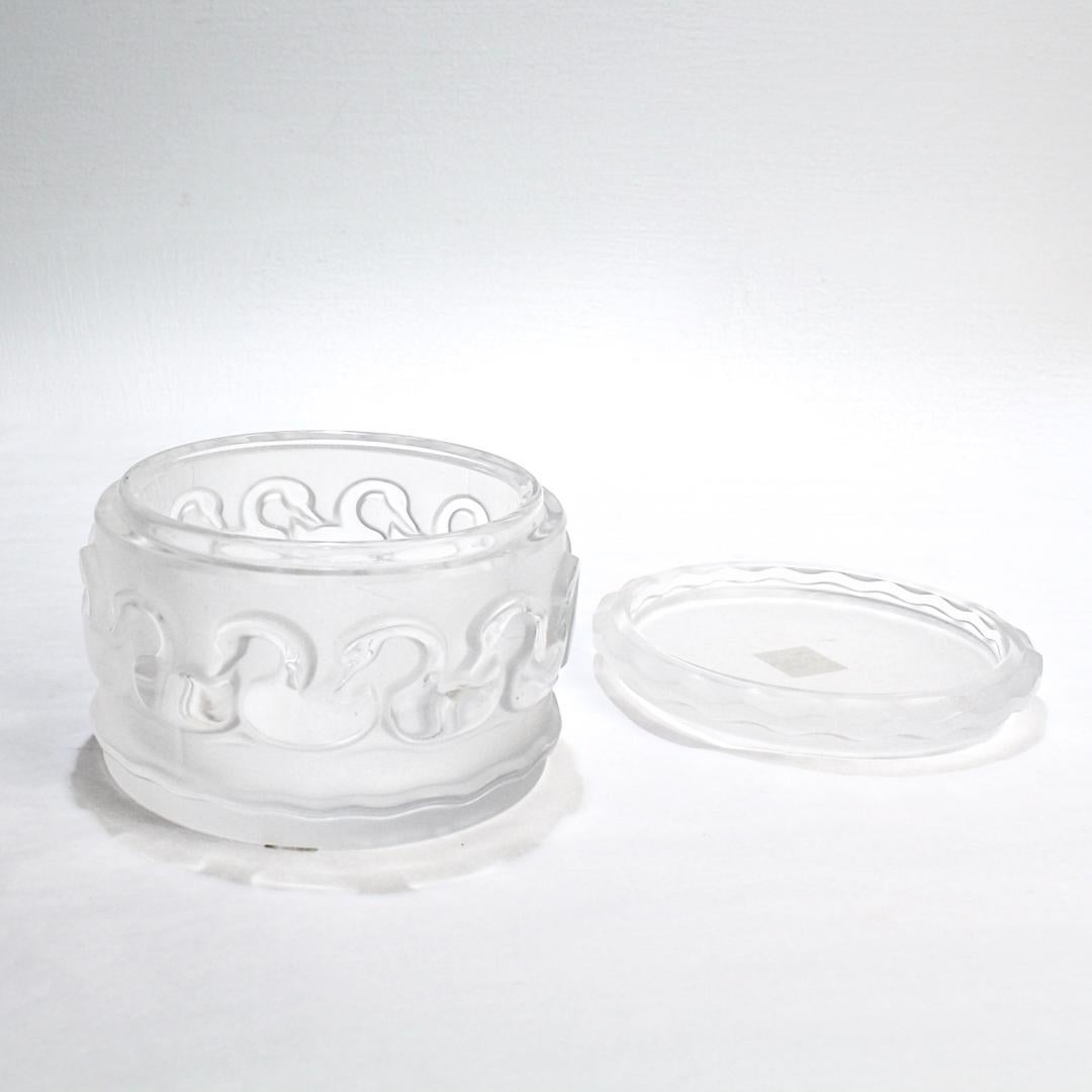 French Labeled Lalique Crystal Swans Covered Box For Sale