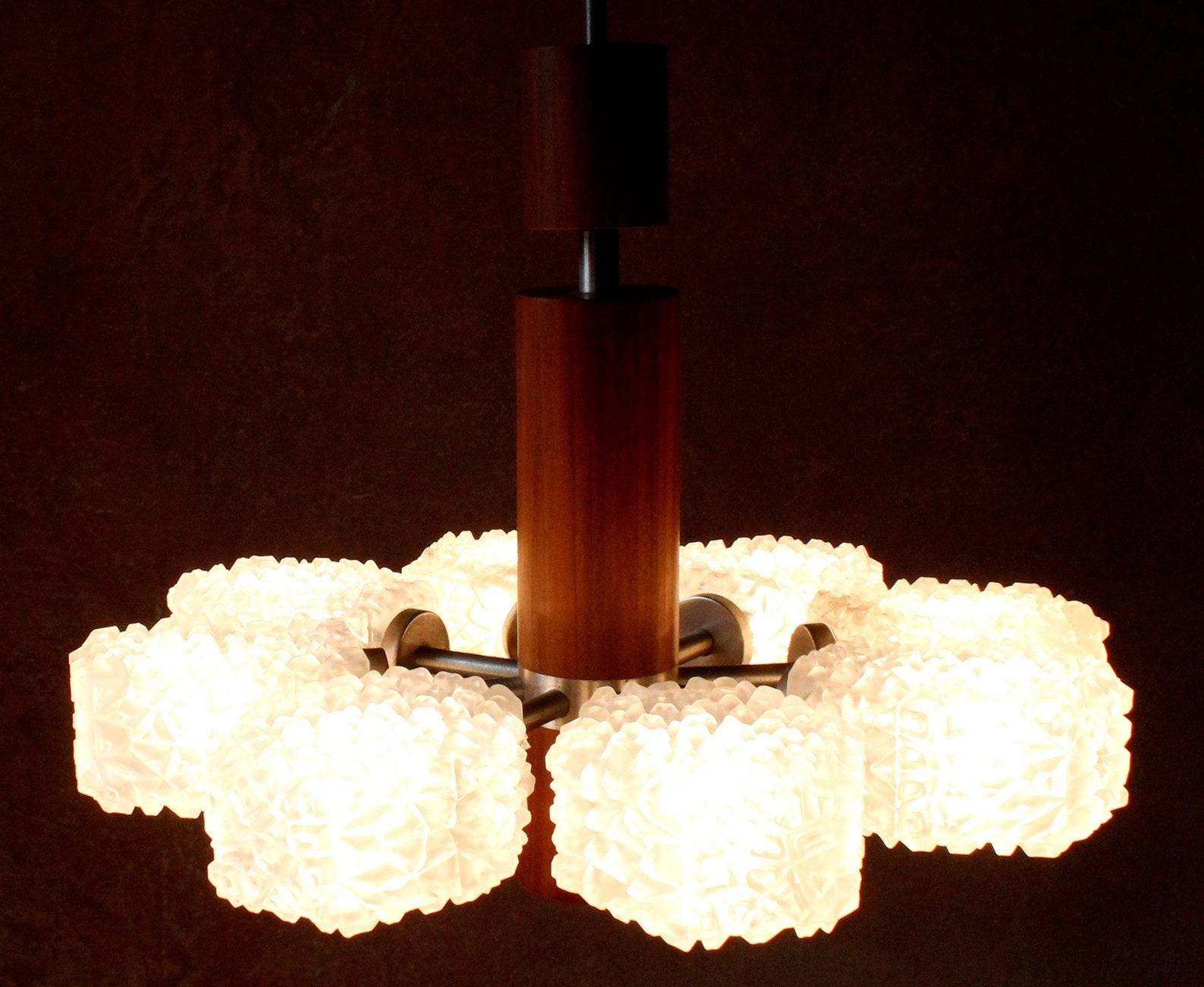 Mid-20th Century Temde Teak and Ice Glass Chandelier, 1960s   For Sale