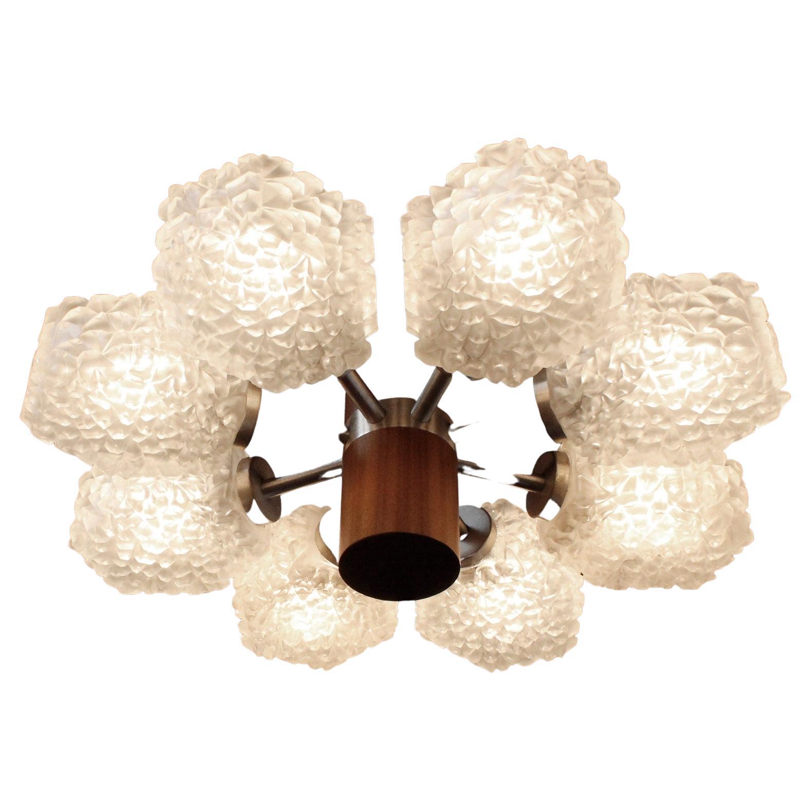 Temde Teak and Ice Glass Chandelier, 1960s   For Sale