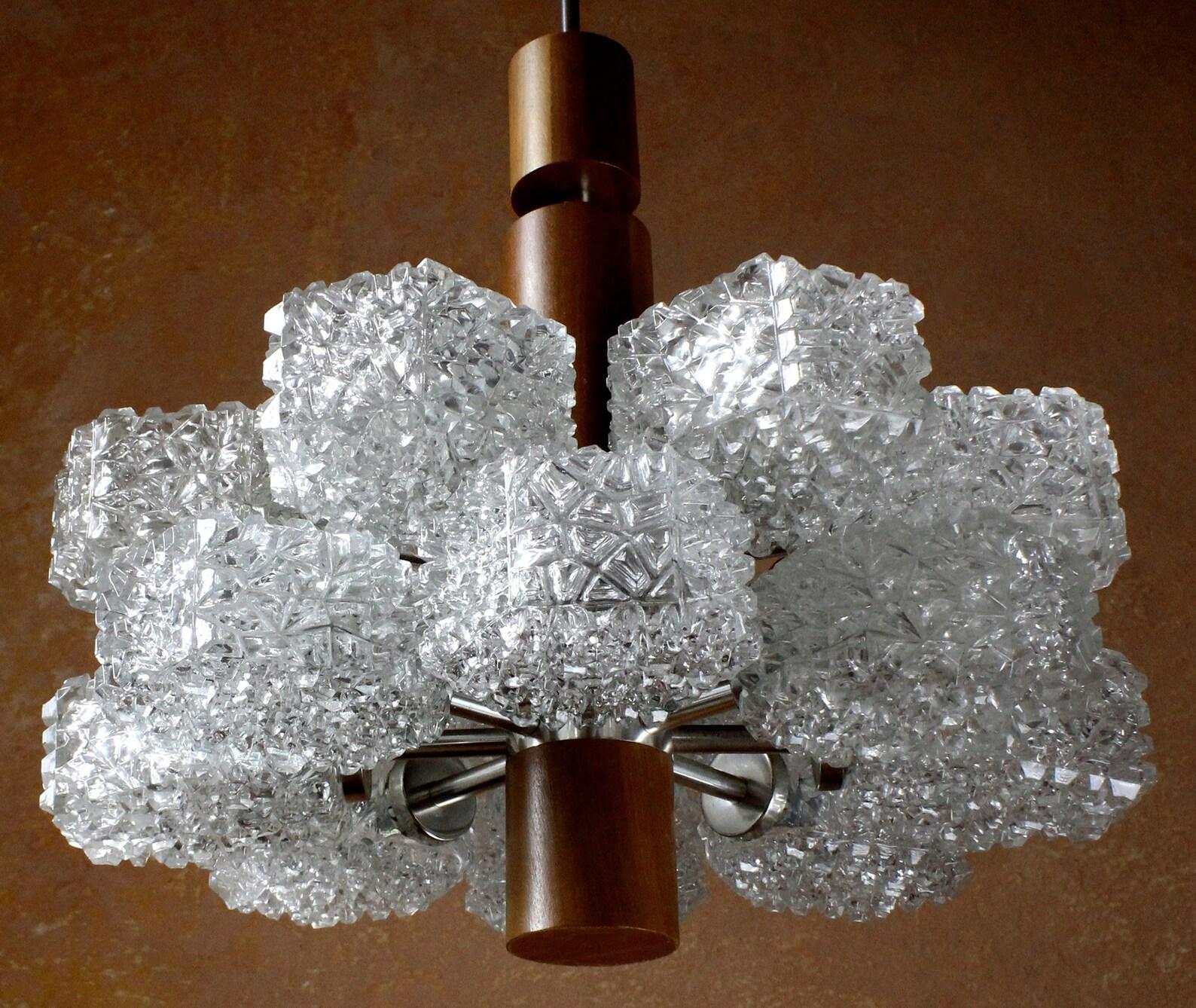 Mid-Century Modern Labeled Temde Teak and Ice Glass Chandelier, Germany 1960s