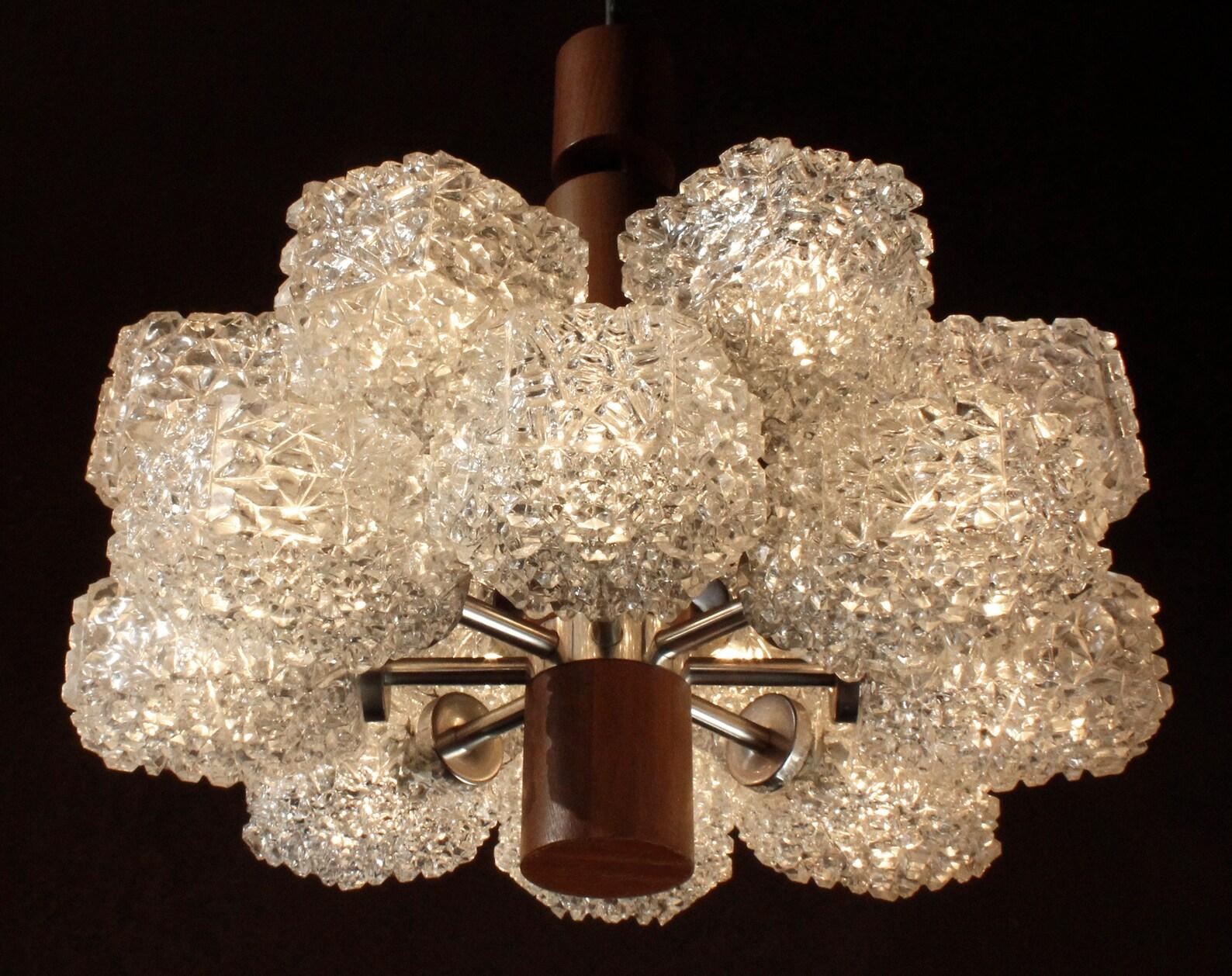 Labeled Temde Teak and Ice Glass Chandelier, Germany 1960s In Good Condition For Sale In Berlin, BE