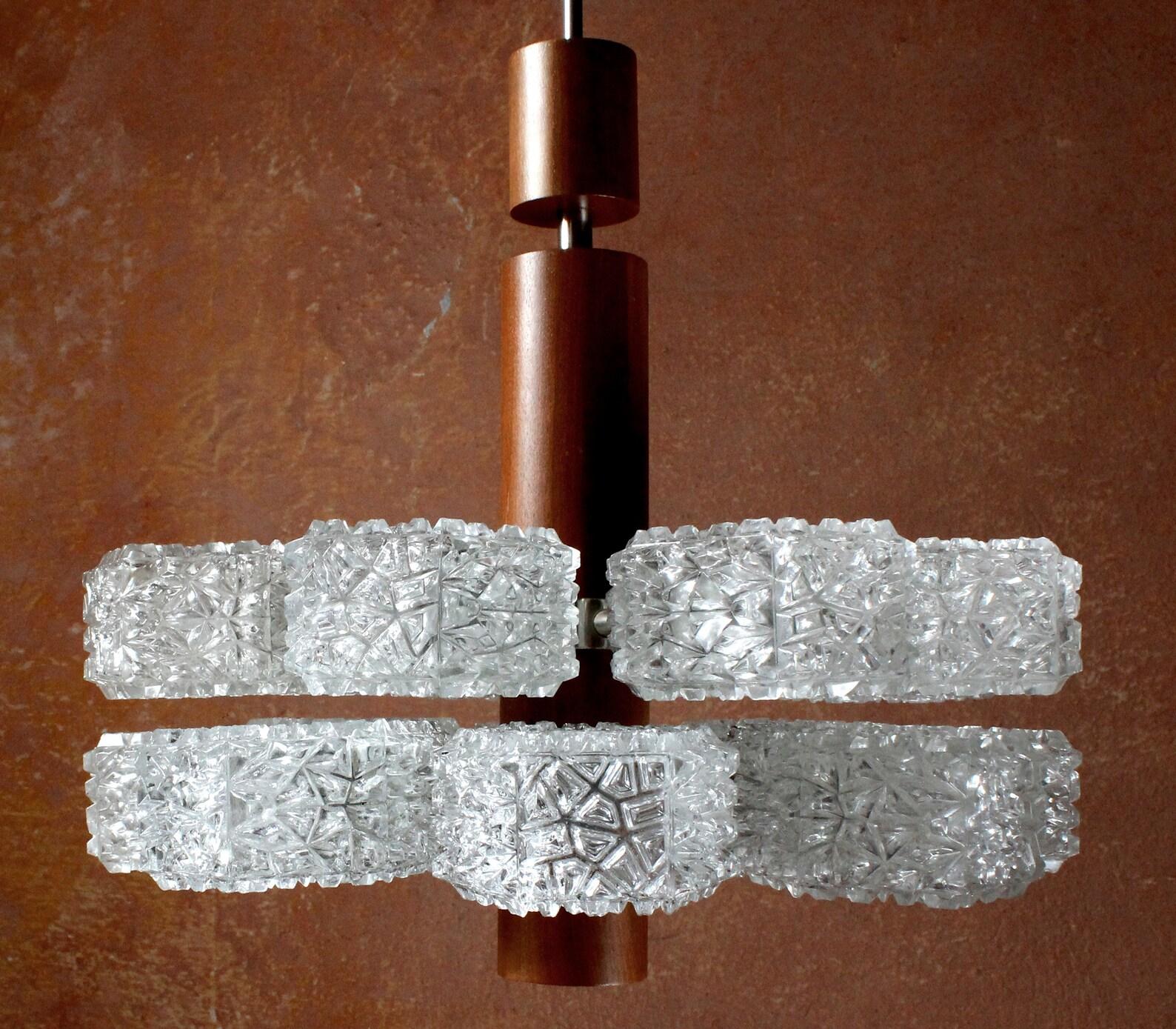 Metal Labeled Temde Teak and Ice Glass Chandelier, Germany 1960s
