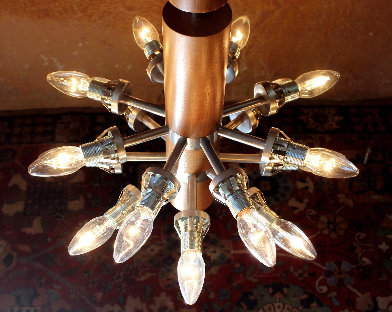 Labeled Temde Teak and Ice Glass Chandelier, Germany 1960s For Sale 2