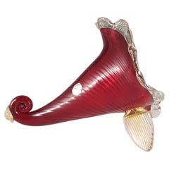 LABELED AVEM Murano Rot & Blattgold Glas Füllhorn Vase