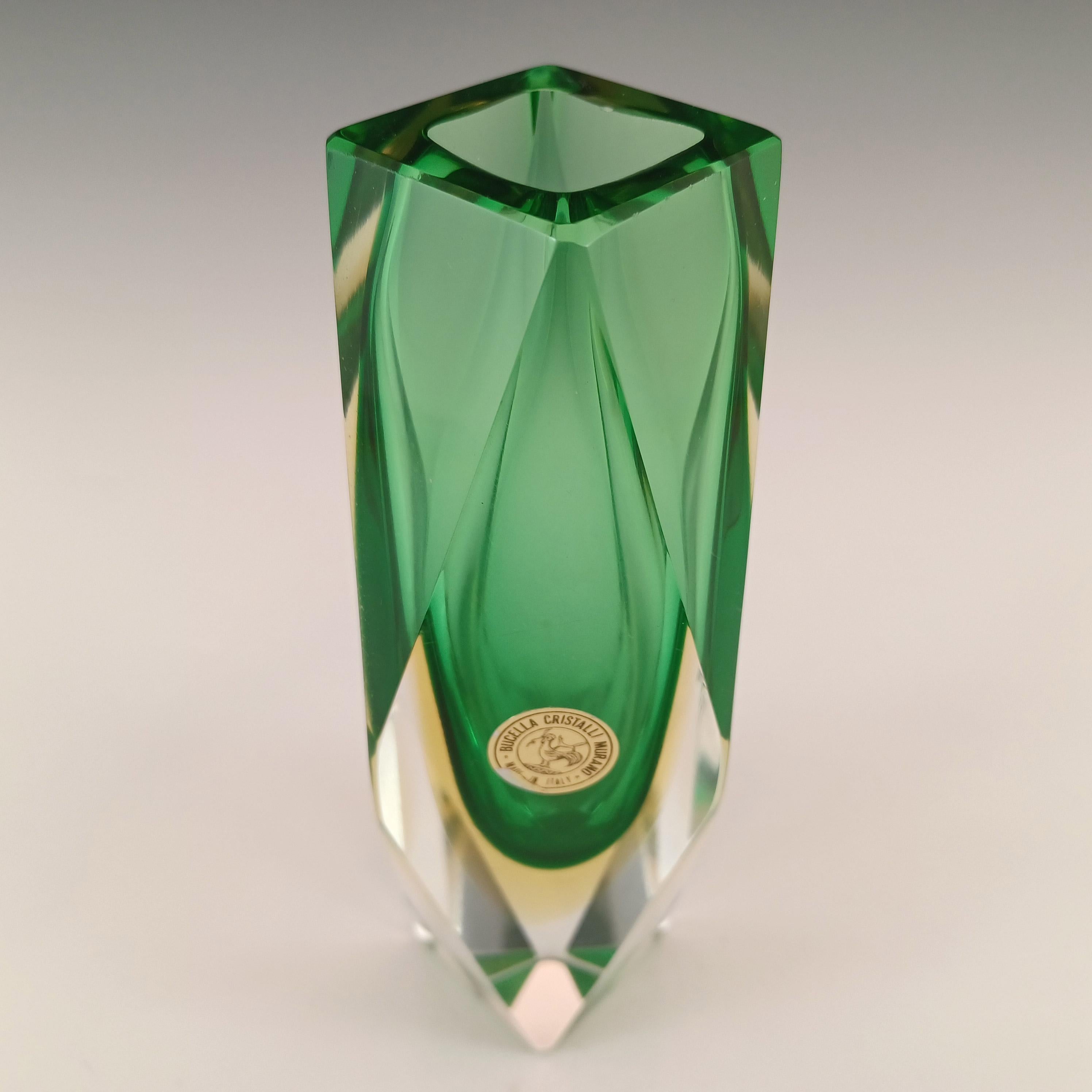 Fait main Vase Bucella Cristalli Murano en verre Sommerso vert à facettes et ambre