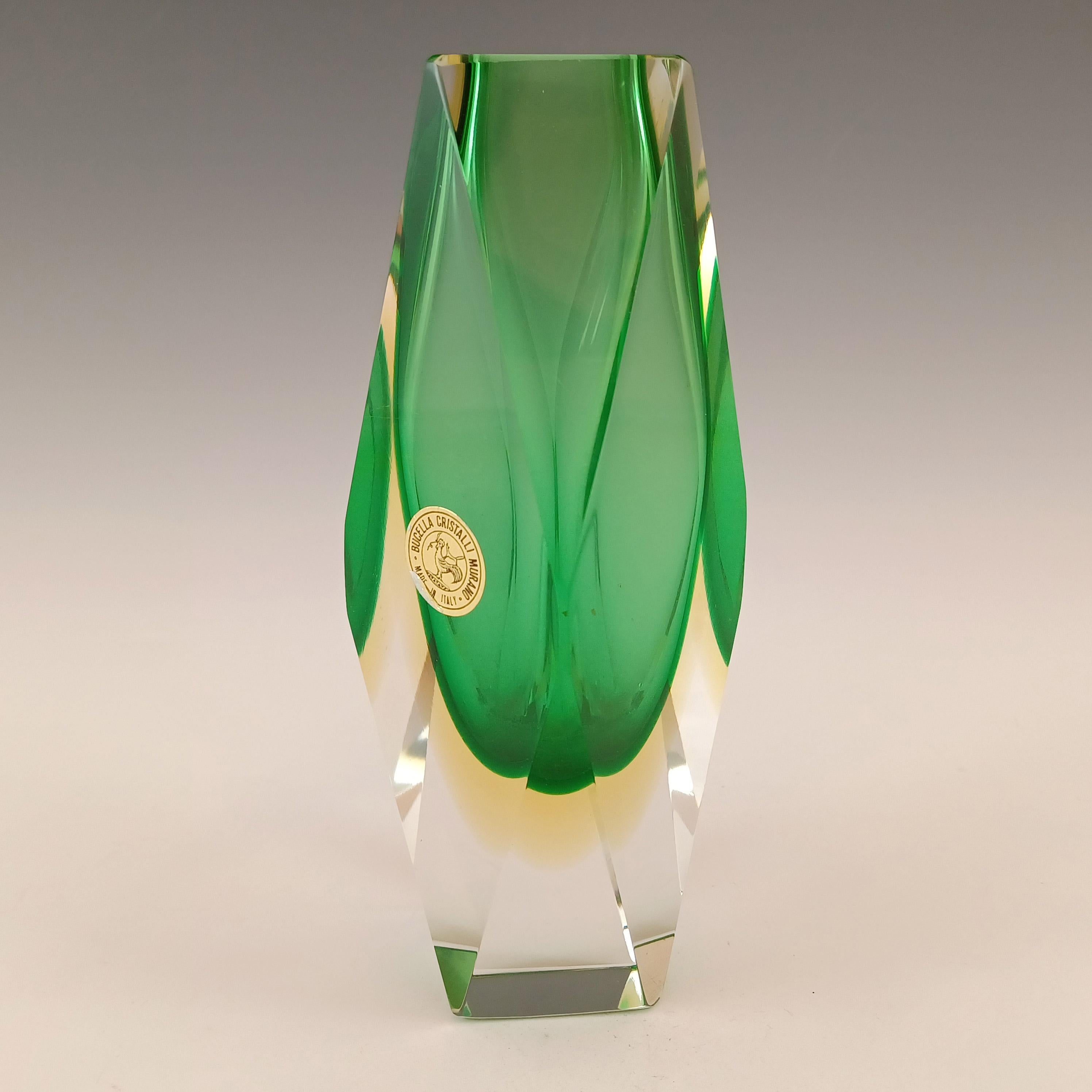 Verre Vase Bucella Cristalli Murano en verre Sommerso vert à facettes et ambre