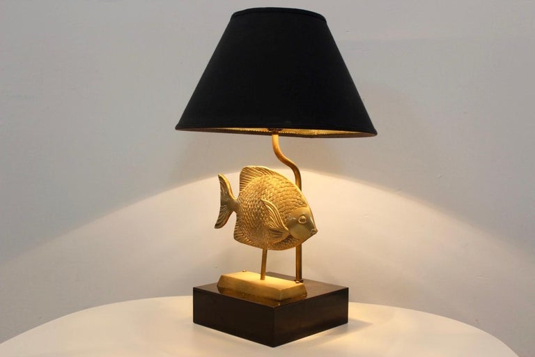 Labelled Fish Sculpture Table Lamp in Brass by Deknudt, Belgium, 1970s