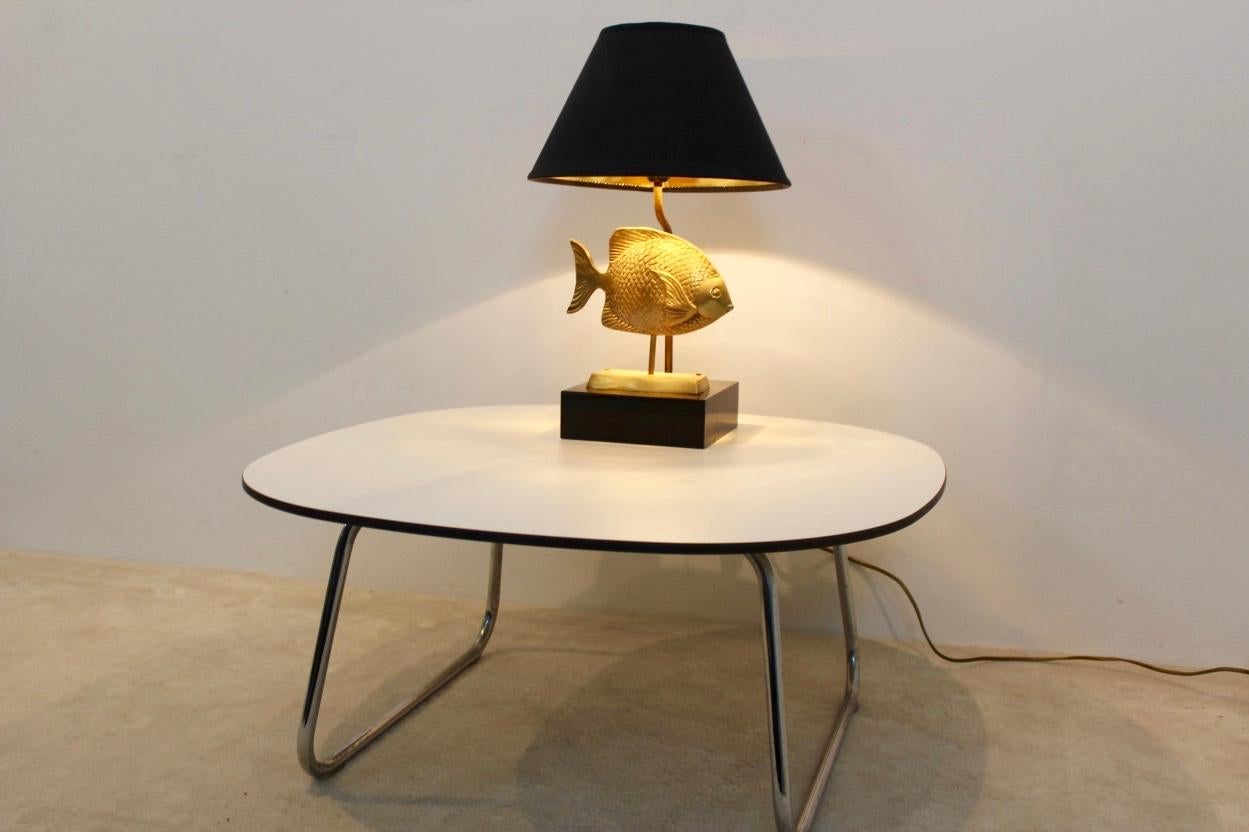 Labelled Fish Sculpture Table Lamp in Brass by Deknudt, Belgium, 1970s 1