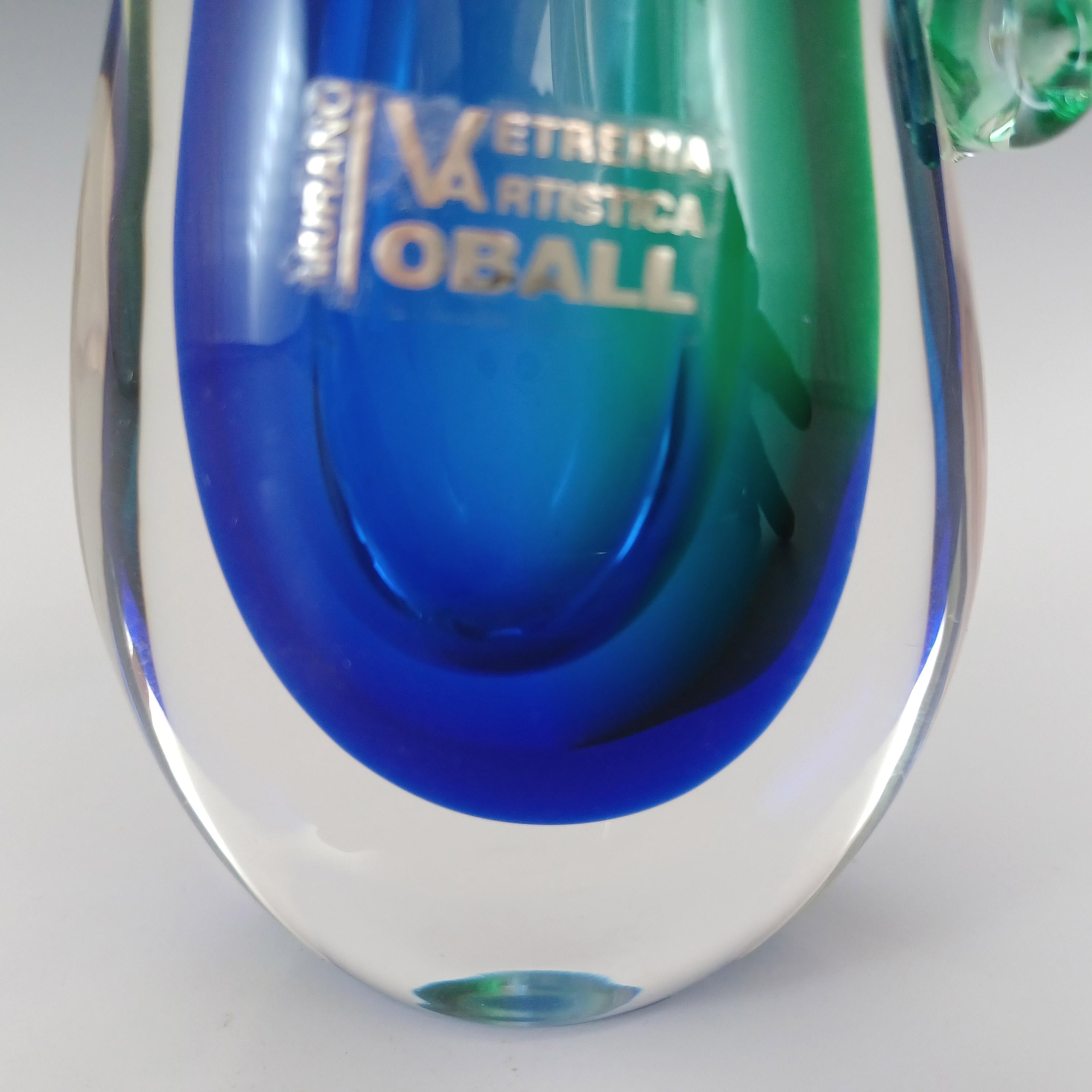 Mid-Century Modern LABELLED Oball Murano Blue & Green Sommerso Glass Vase For Sale