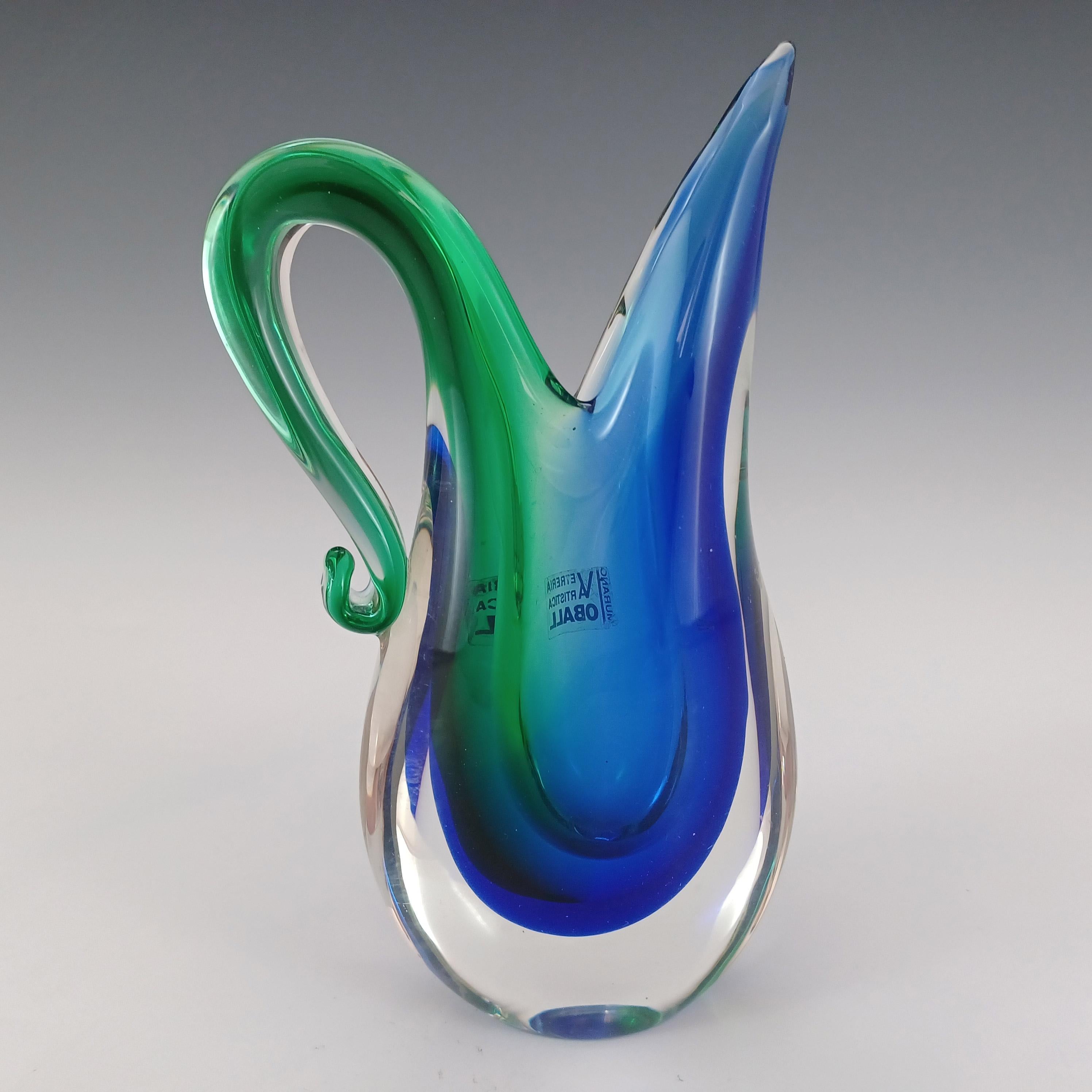 LABELLED Oball Murano Blue & Green Sommerso Glass Vase In Good Condition For Sale In Bolton, GB