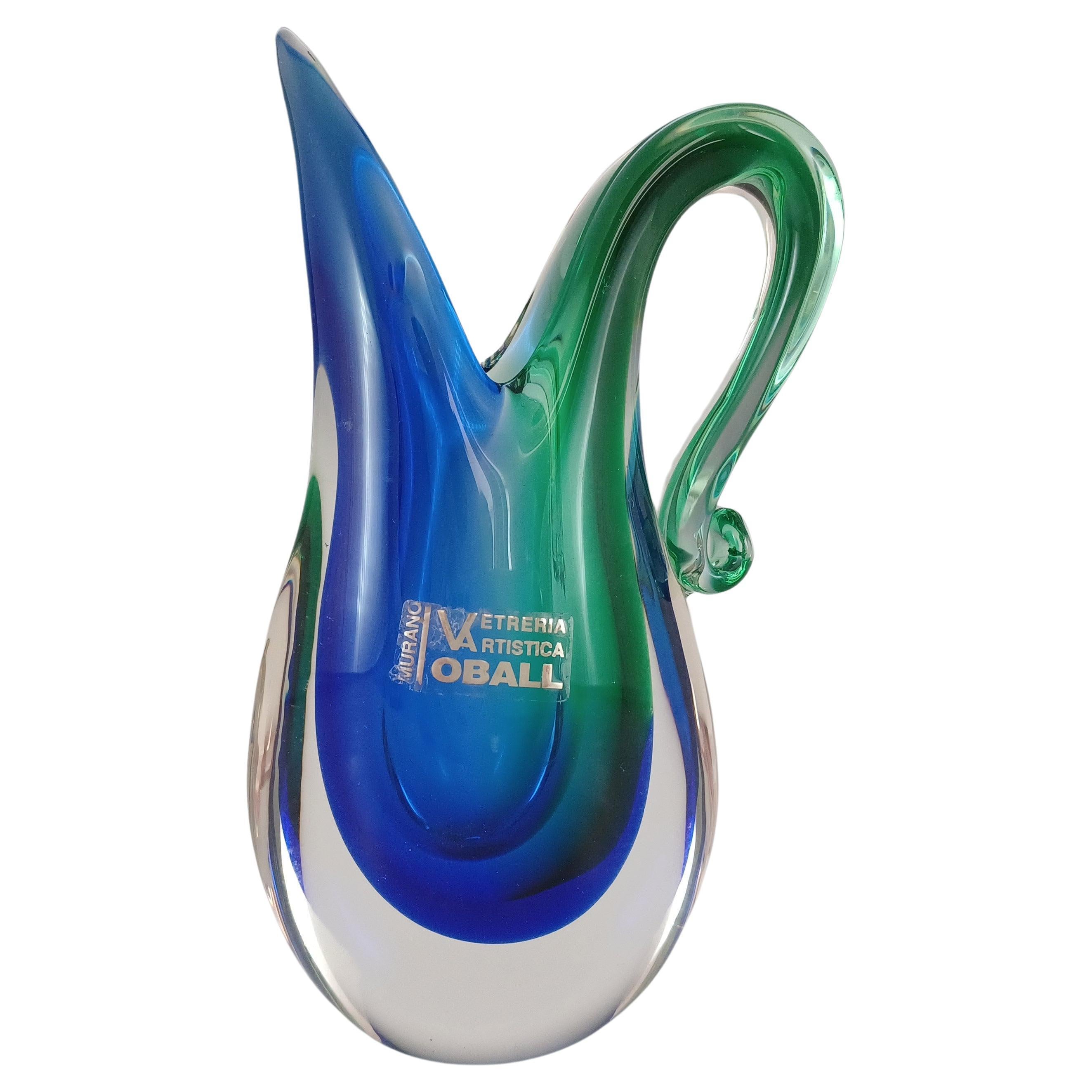 LABELLED Oball Murano Blue & Green Sommerso Glass Vase For Sale