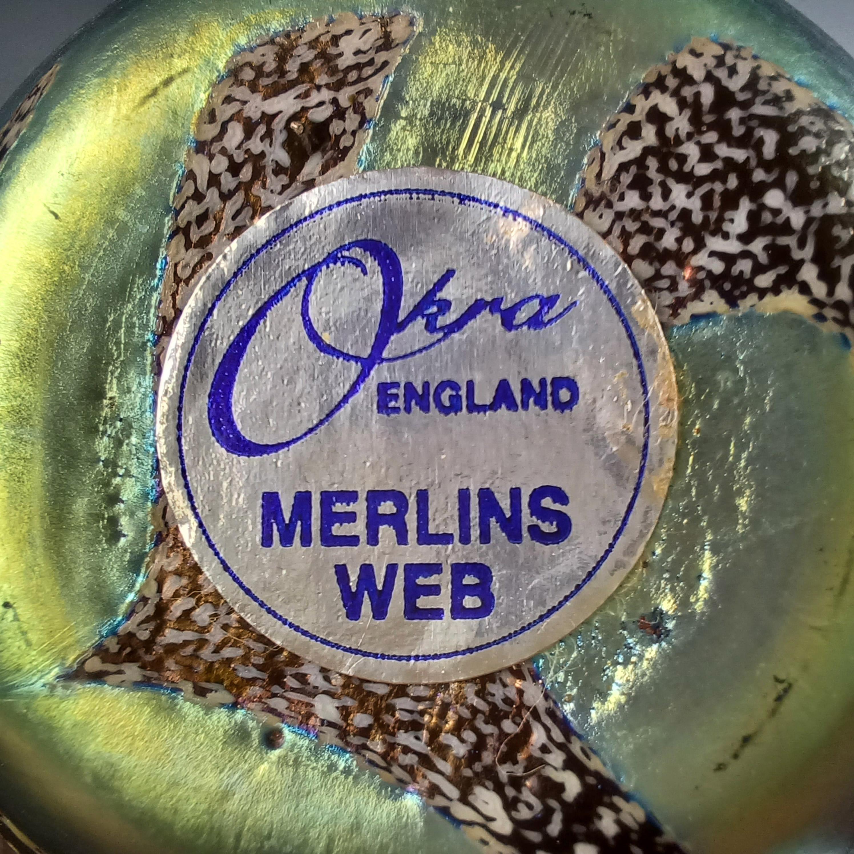 Mid-Century Modern LABELLED Okra Black & Silver Iridescent Glass 'Merlins Web' Vase For Sale