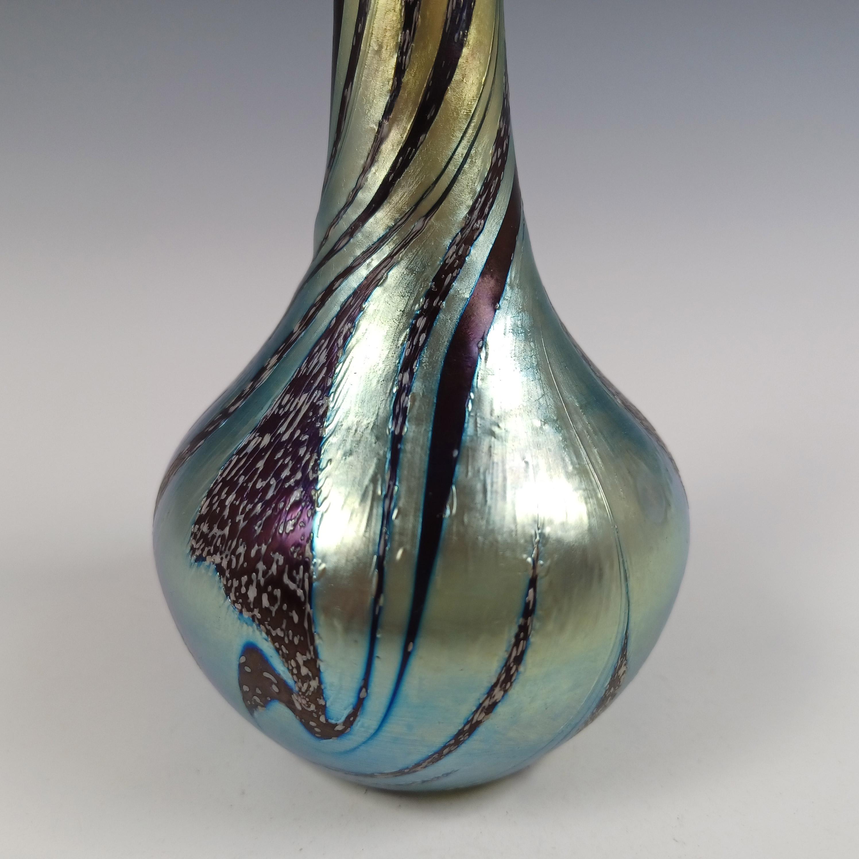 British LABELLED Okra Black & Silver Iridescent Glass 'Merlins Web' Vase For Sale