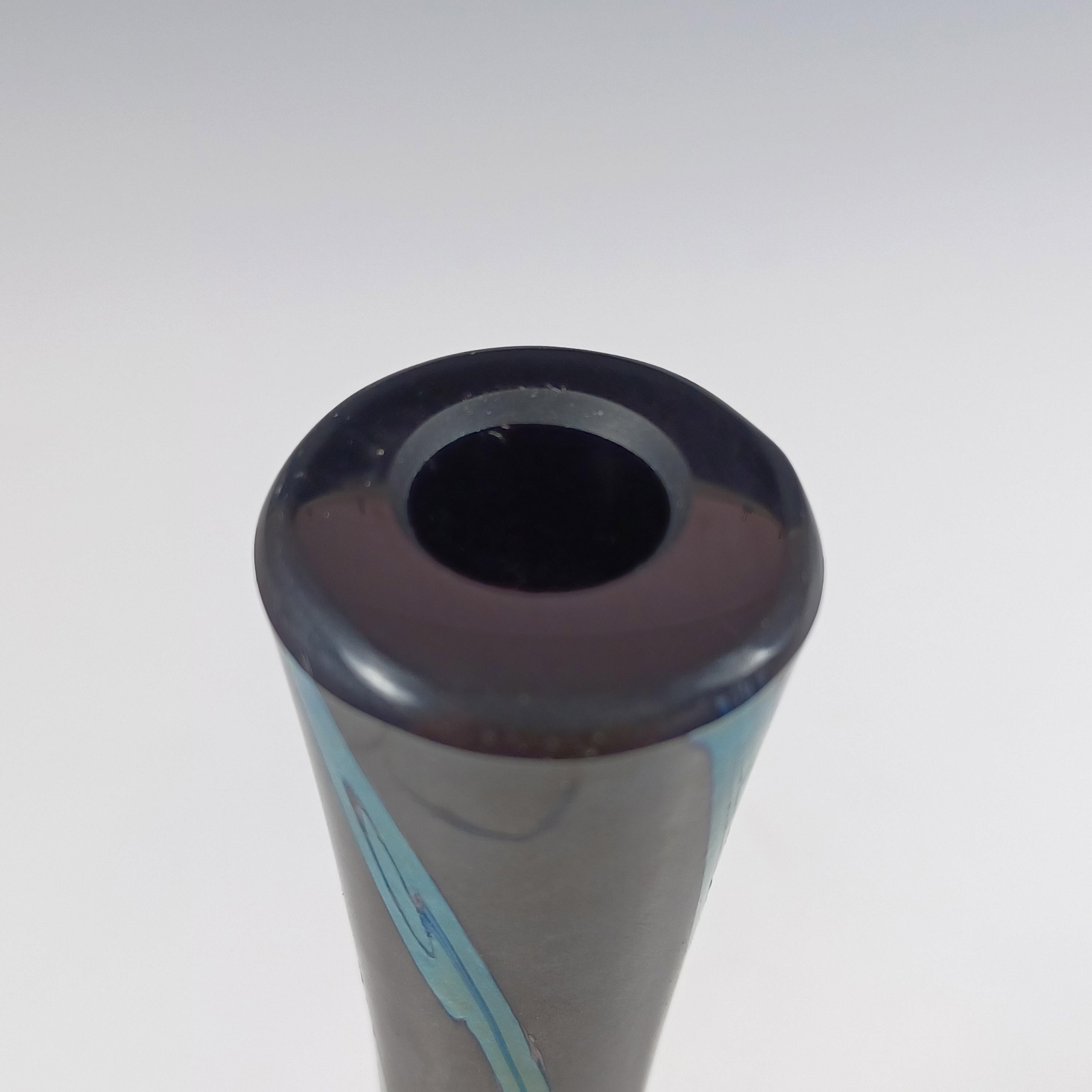 Late 20th Century LABELLED Okra Black & Silver Iridescent Glass 'Merlins Web' Vase For Sale