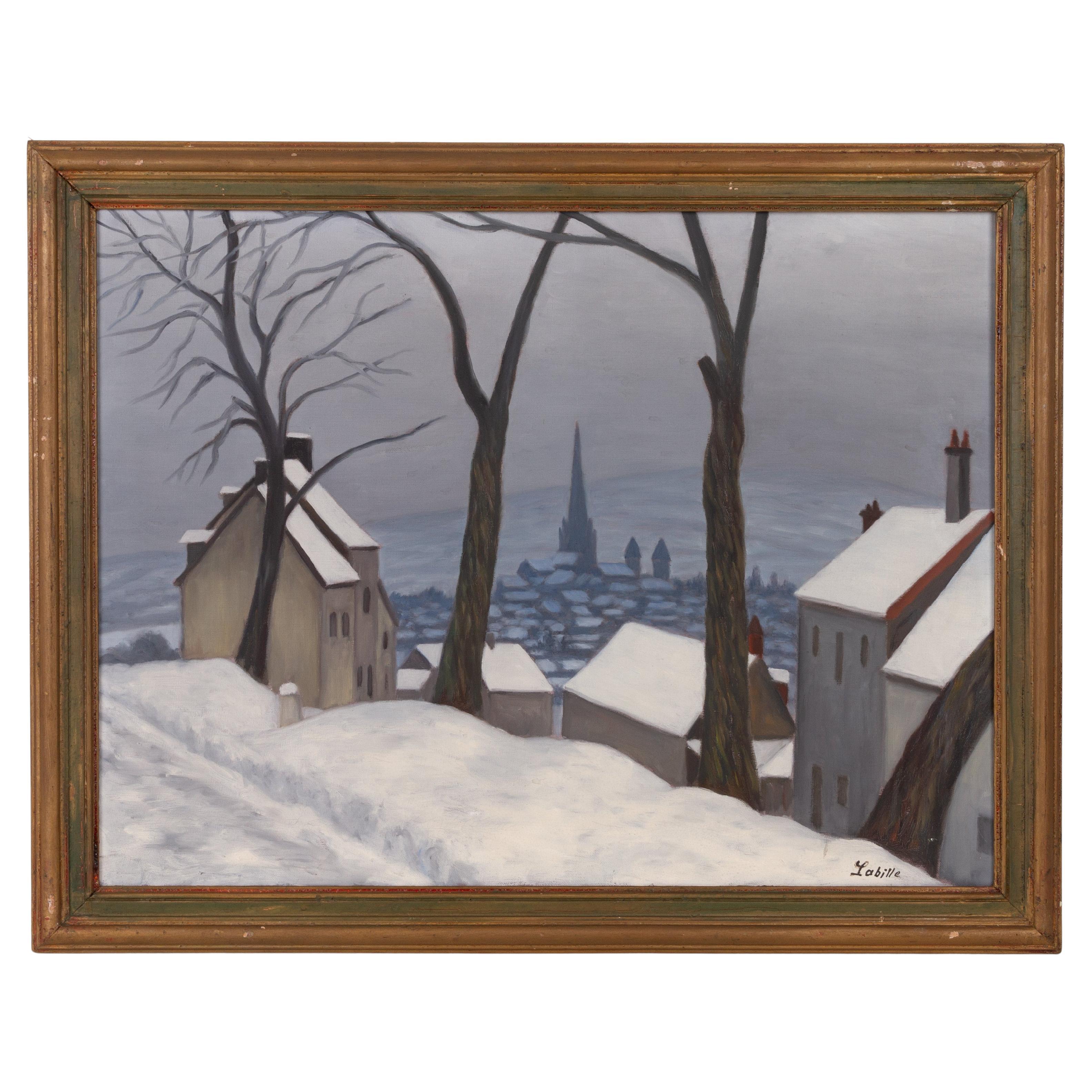 Labille, signierte belgische Winterlandschaft, Dorf, Ölgemälde