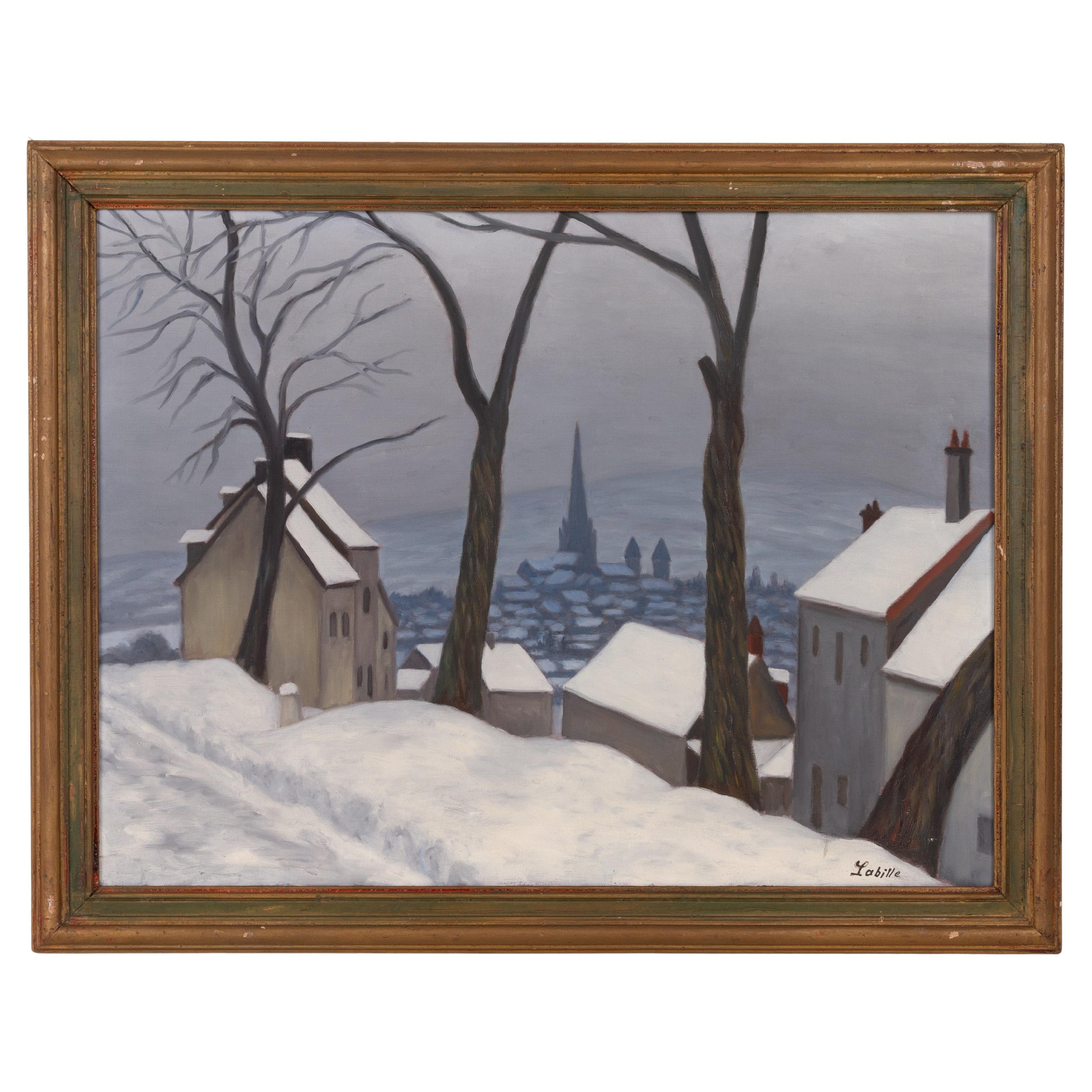 Labille Signed Belgian Winterscape Village Oil Painting