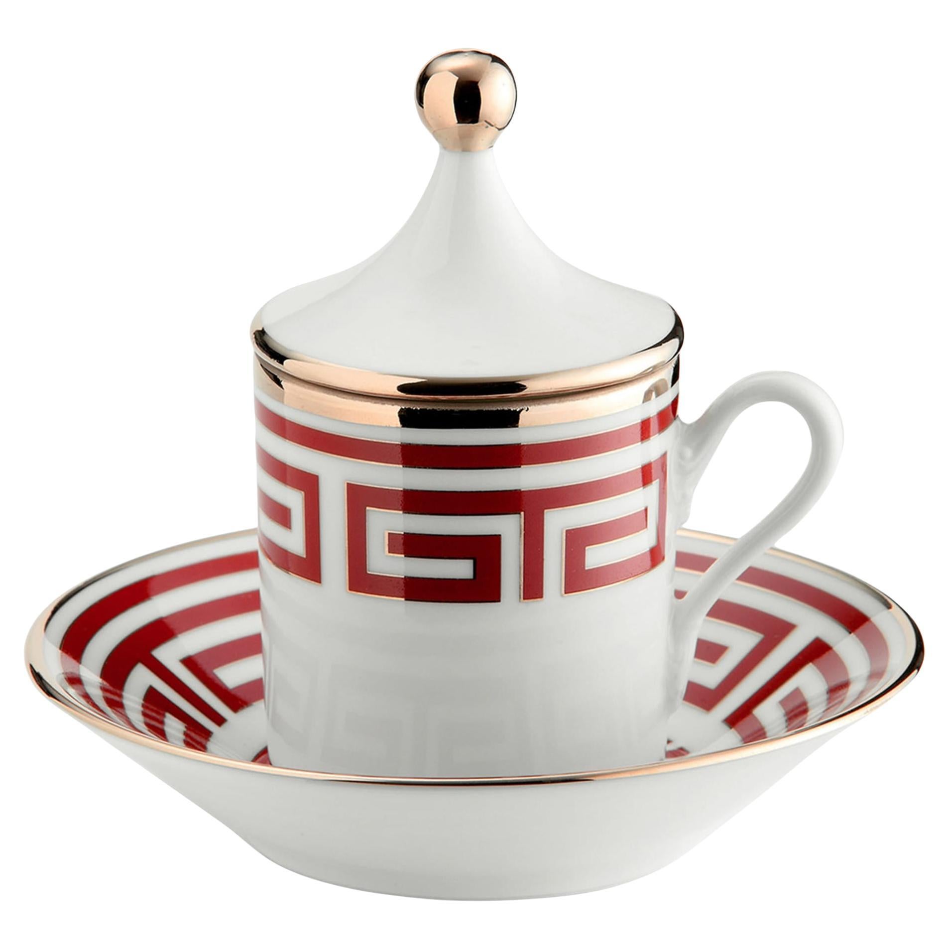 Set aus 2 Espresso-Tasse mit Deckeln und Untertassen von Labirinto Scarlatto im Angebot