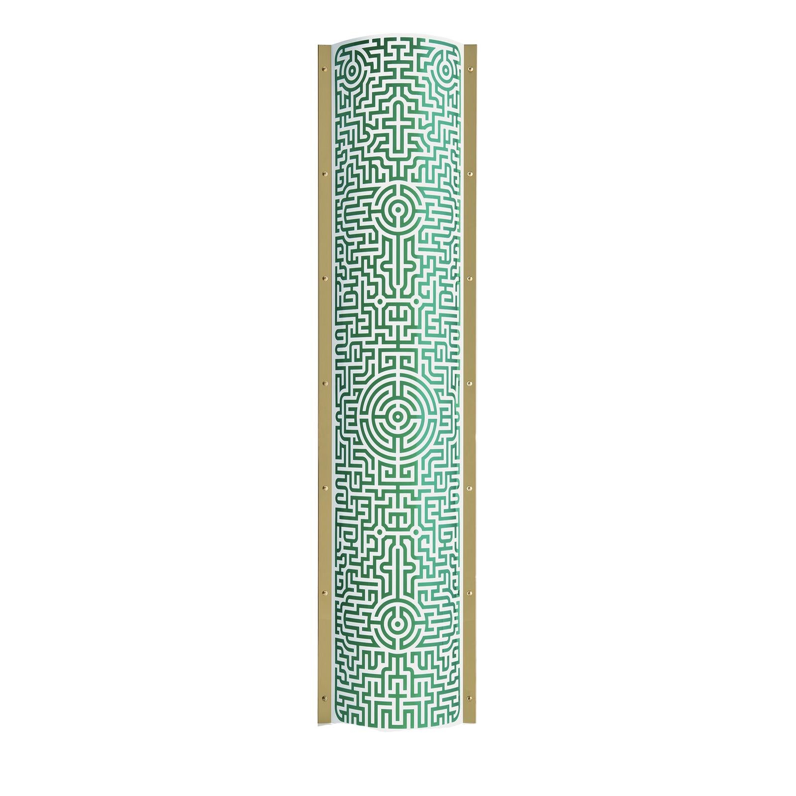 This exquisite floor lamp is part of the Lighting Archives, designed by Studio Job. Its elegant silhouette, crafted of engineered plastic, is adorned with a distinctive pattern that creates a maze-like motif in turquoise, adding character to a