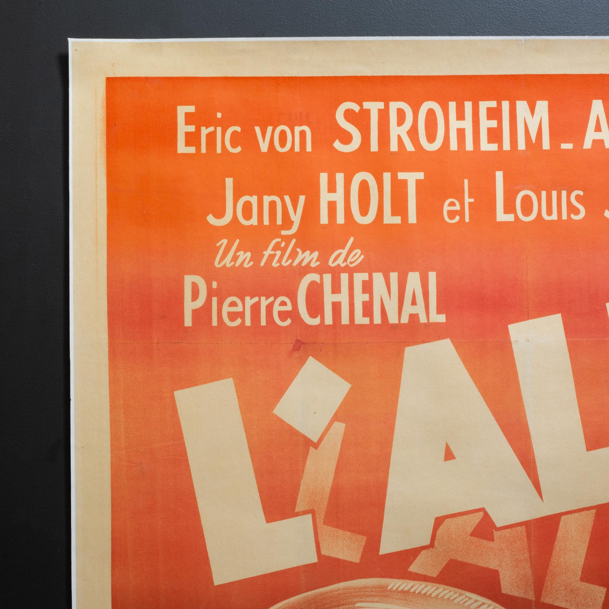 Art Déco Poster cinematografico francese L'ablibi, supporto in lino, 1937 in vendita