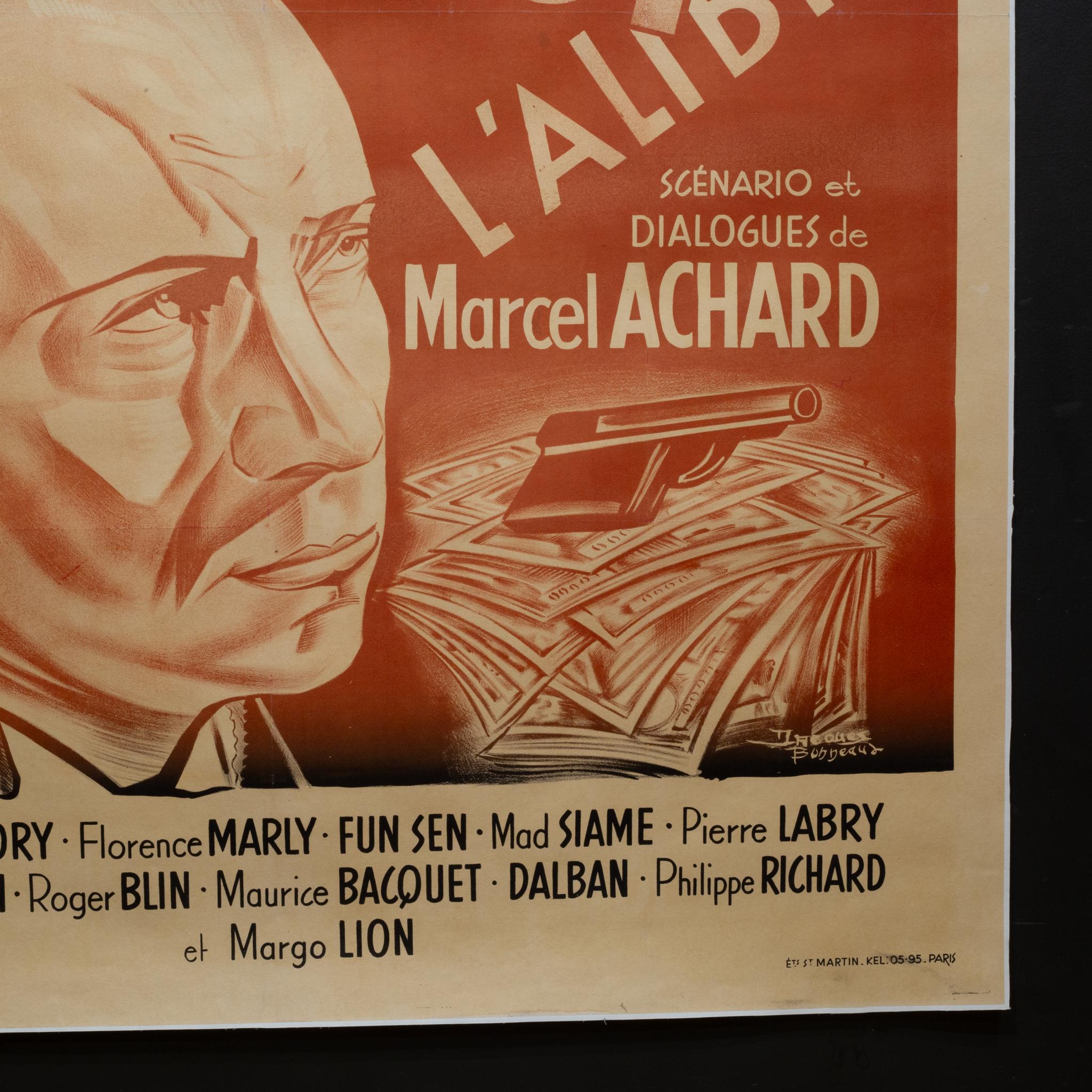 Poster cinematografico francese L'ablibi, supporto in lino, 1937 in vendita 1