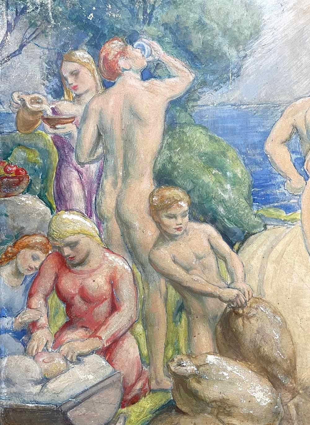 Because Joseph Mortimer Lichtenauer is best known for his public murals, it's not surprising that this easel painting -- with its frieze-like array of nude and Classically dressed figures stretching across the scene -- has a mural-like quality.  The