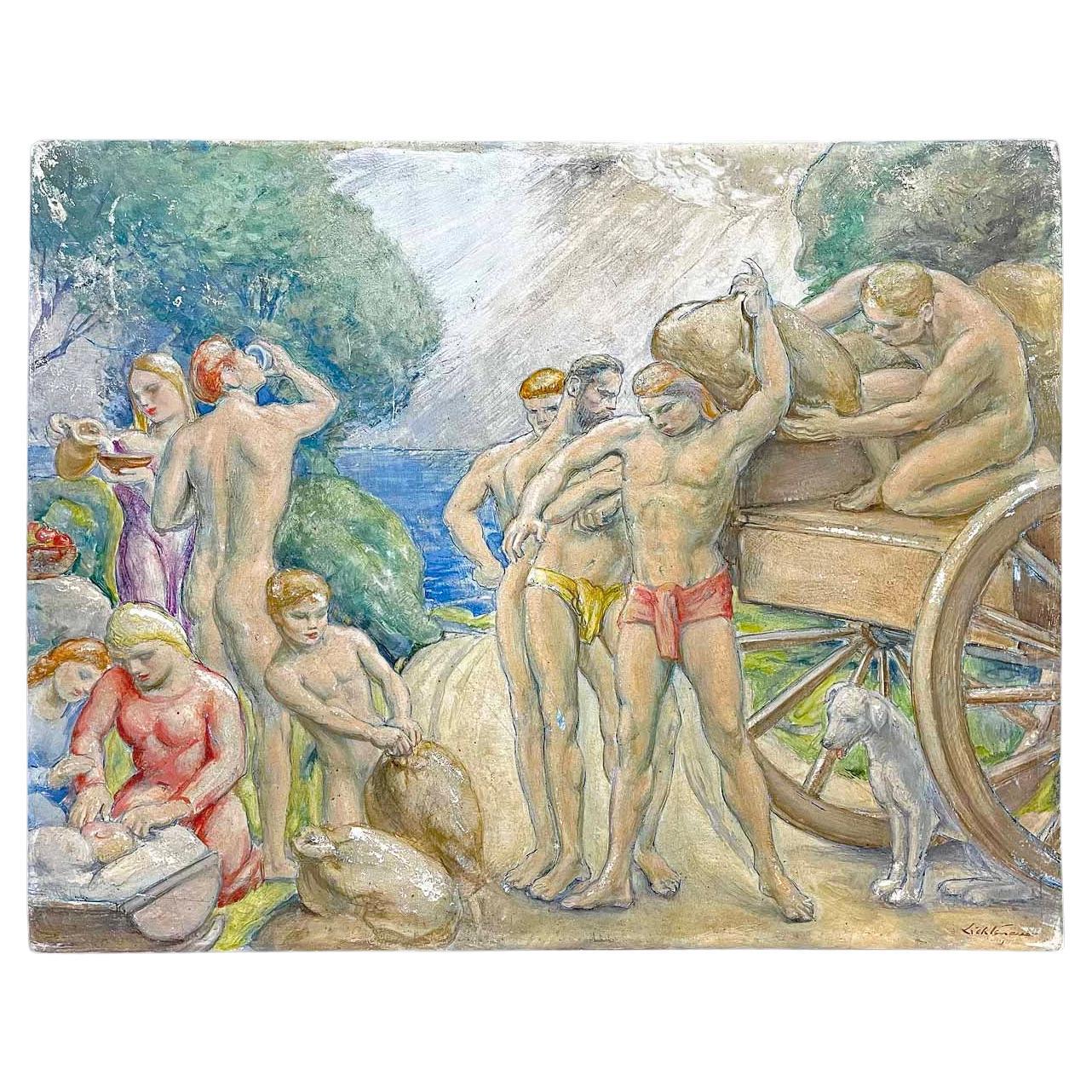"Labor", Handsome WPA-Era Painting with Nudes by Muralist Lichtenauer For Sale