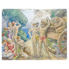 "Labor", belle peinture d'époque WPA avec des nus du muraliste Lichtenauer
