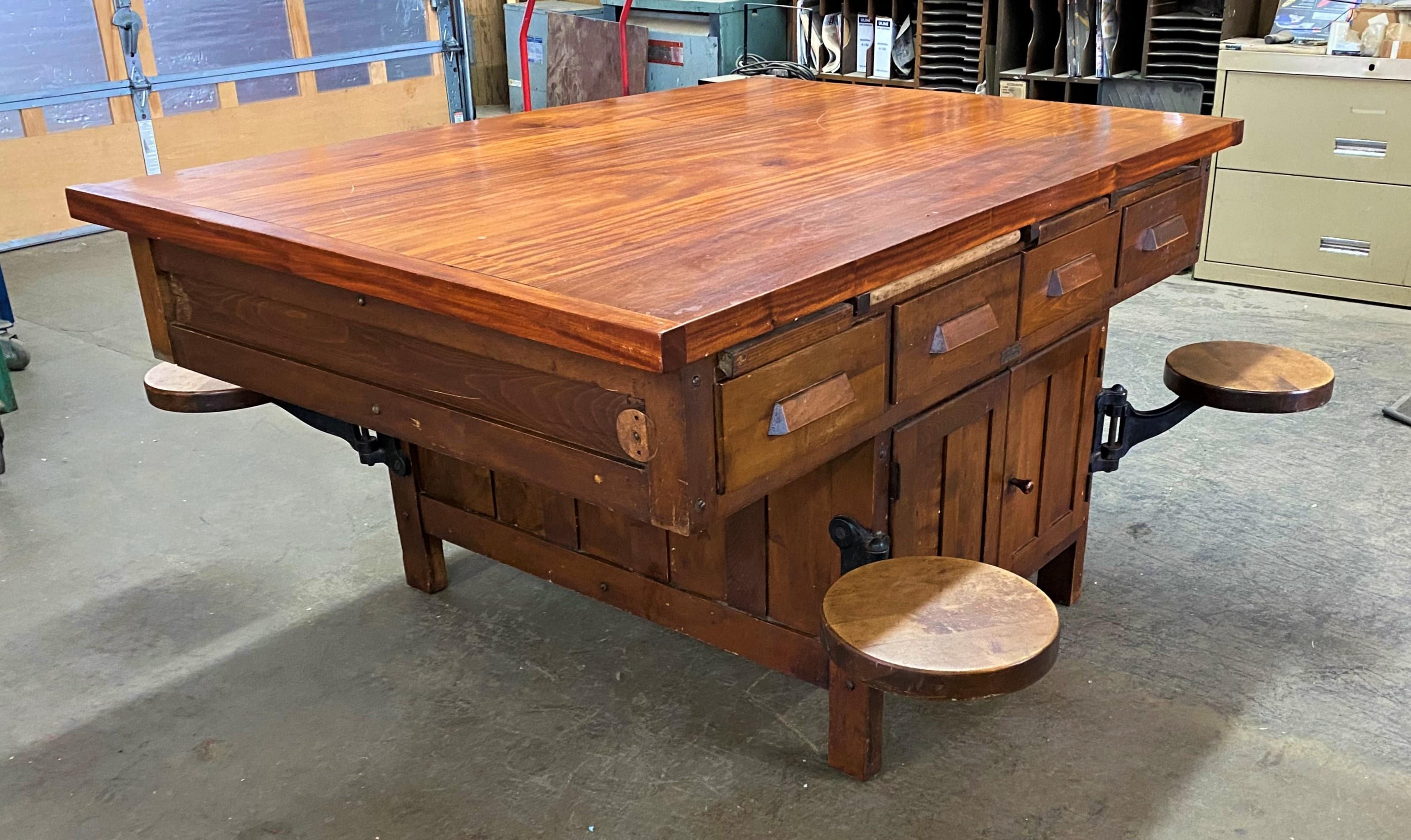 Antique E.H. Sheldon laboratory table with 4 swing seats
Overall dimensions: 43