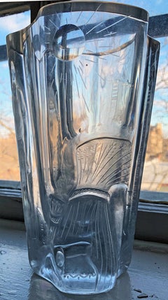 "Laborer in Farm and Factory, " Deeply Engraved Art Deco Glass Vase, Czech
