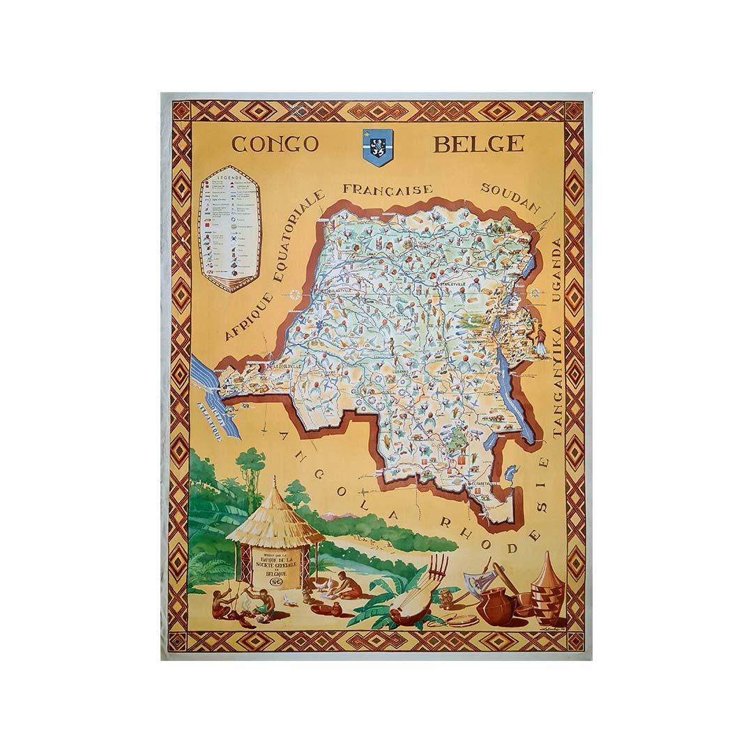 Questo manifesto originale del 1949 intitolato Congo Belge, creato dall'illustratore francese Laboulais, offre un esempio straordinario di arte educativa e promozionale dell'epoca coloniale della metà del XX secolo. Pubblicato dal Ministero belga