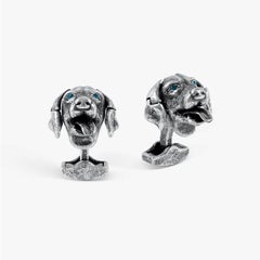 Boutons de manchette mécaniques en forme de chien labrador avec éléments Swarovski bleus