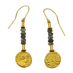 Labradorite Ancient Coins Gold Plate Silver Artist Hand Made Dangle Earrings