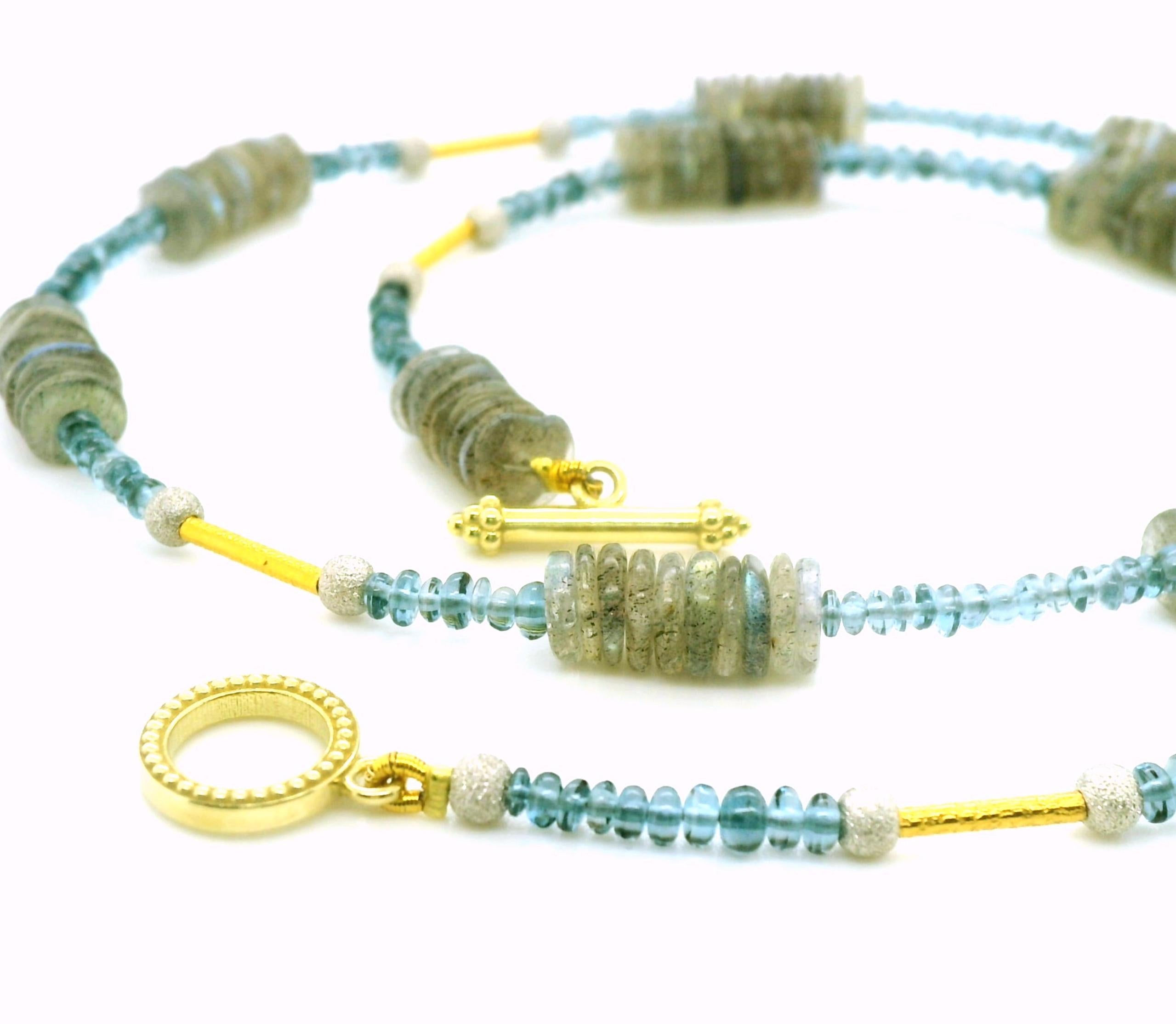Artisan Labradorite and Blue Topaz Beaded Necklace with Gold Accents, 18 Inches For Sale