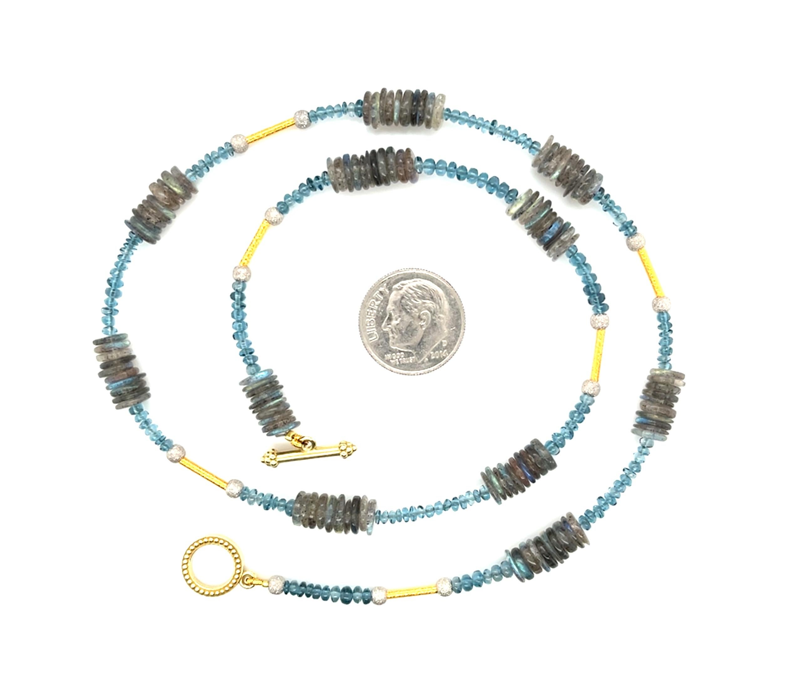 Women's or Men's Labradorite and Blue Topaz Beaded Necklace with Gold Accents, 18 Inches For Sale