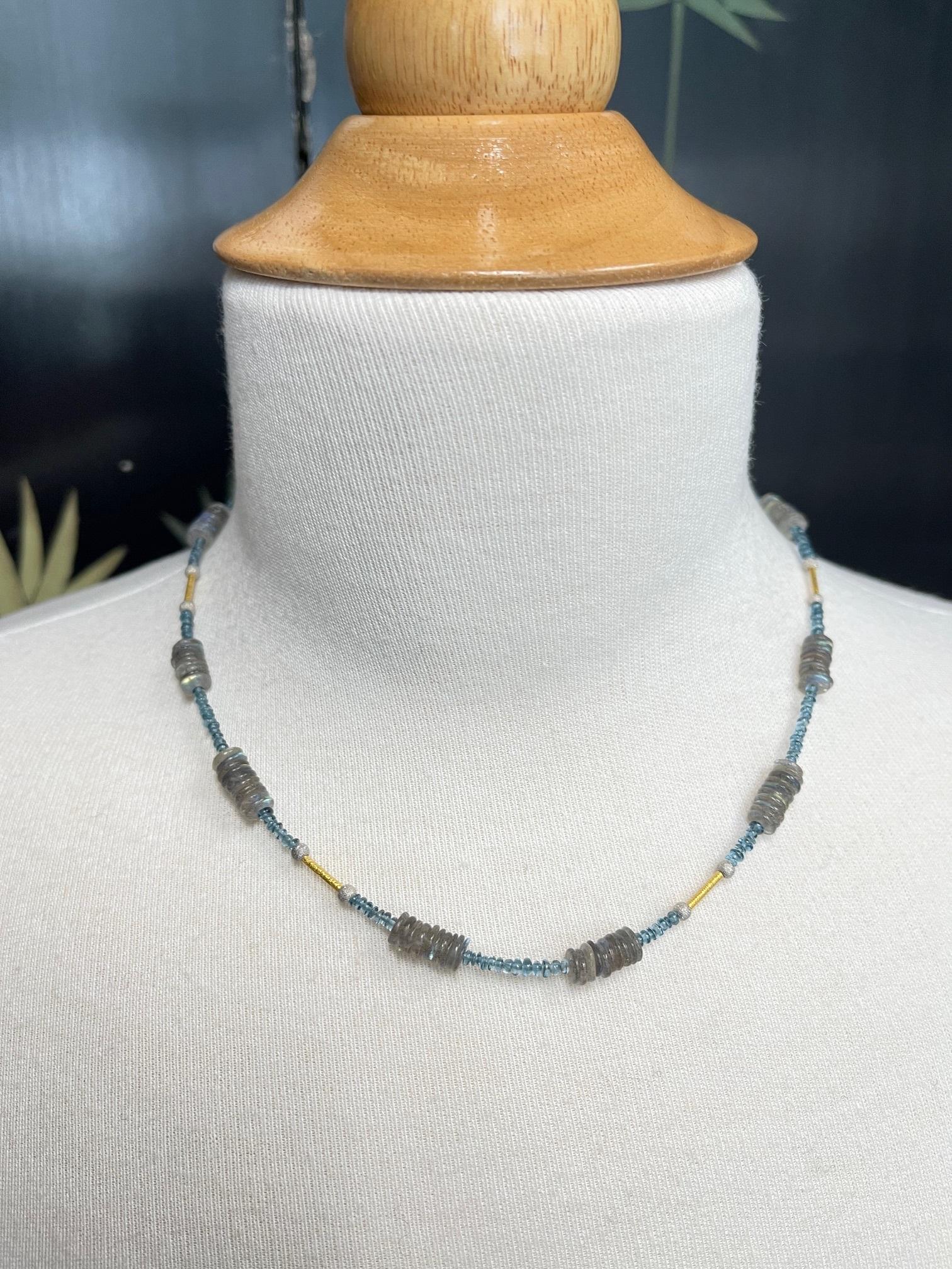 Labradorite and Blue Topaz Beaded Necklace with Gold Accents, 18 Inches For Sale 1