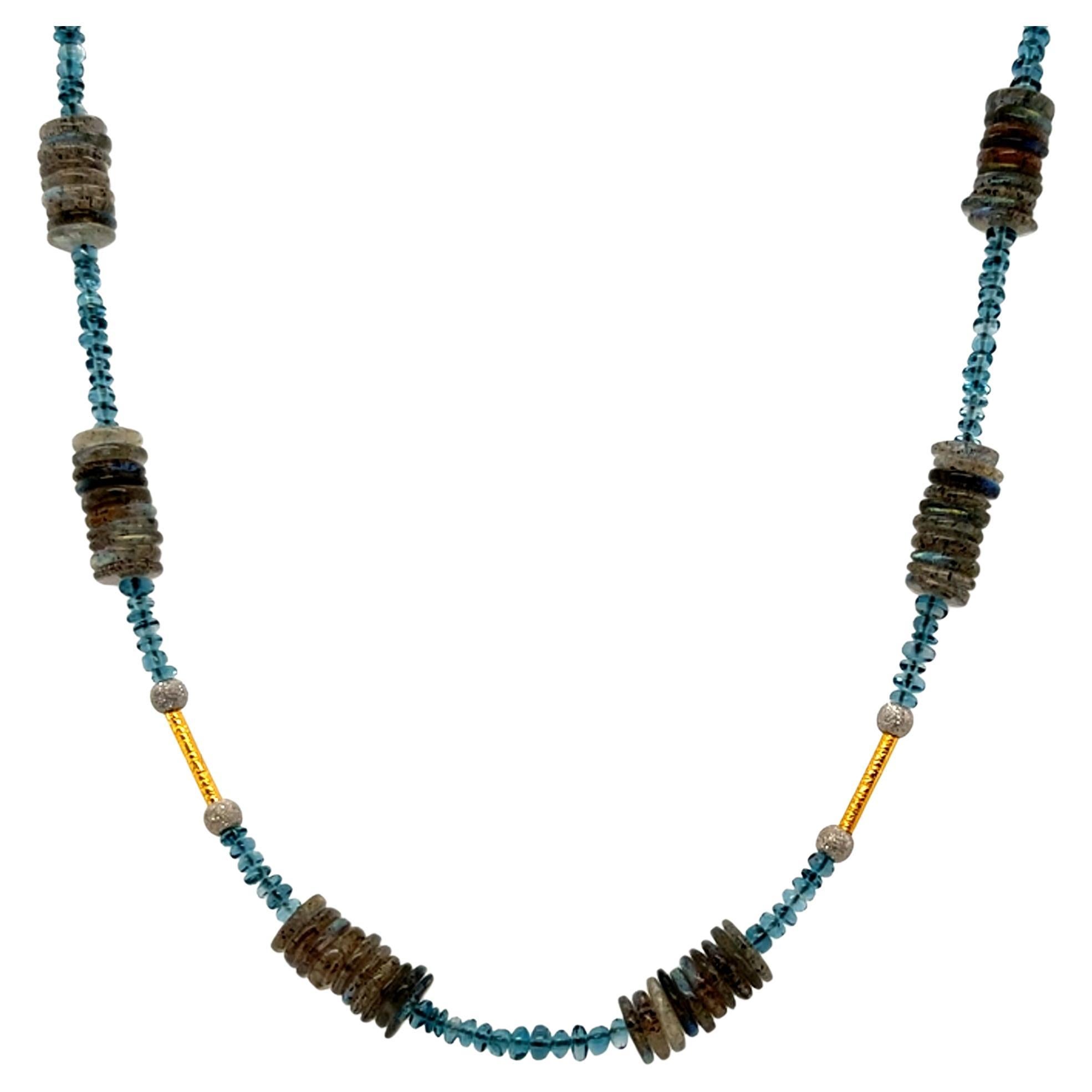 Labradorite and Blue Topaz Beaded Necklace with Gold Accents, 18 Inches