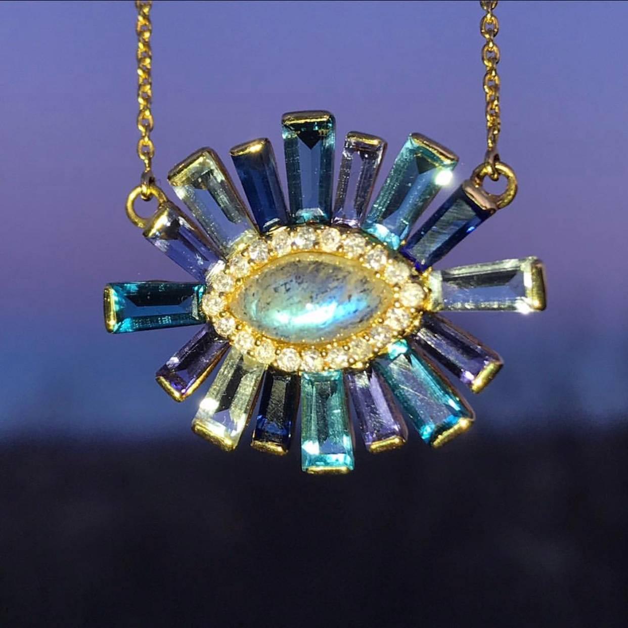 Marquise Cut Labradorite and Diamond Halo Luminous Necklace 18 Karat Gold For Sale