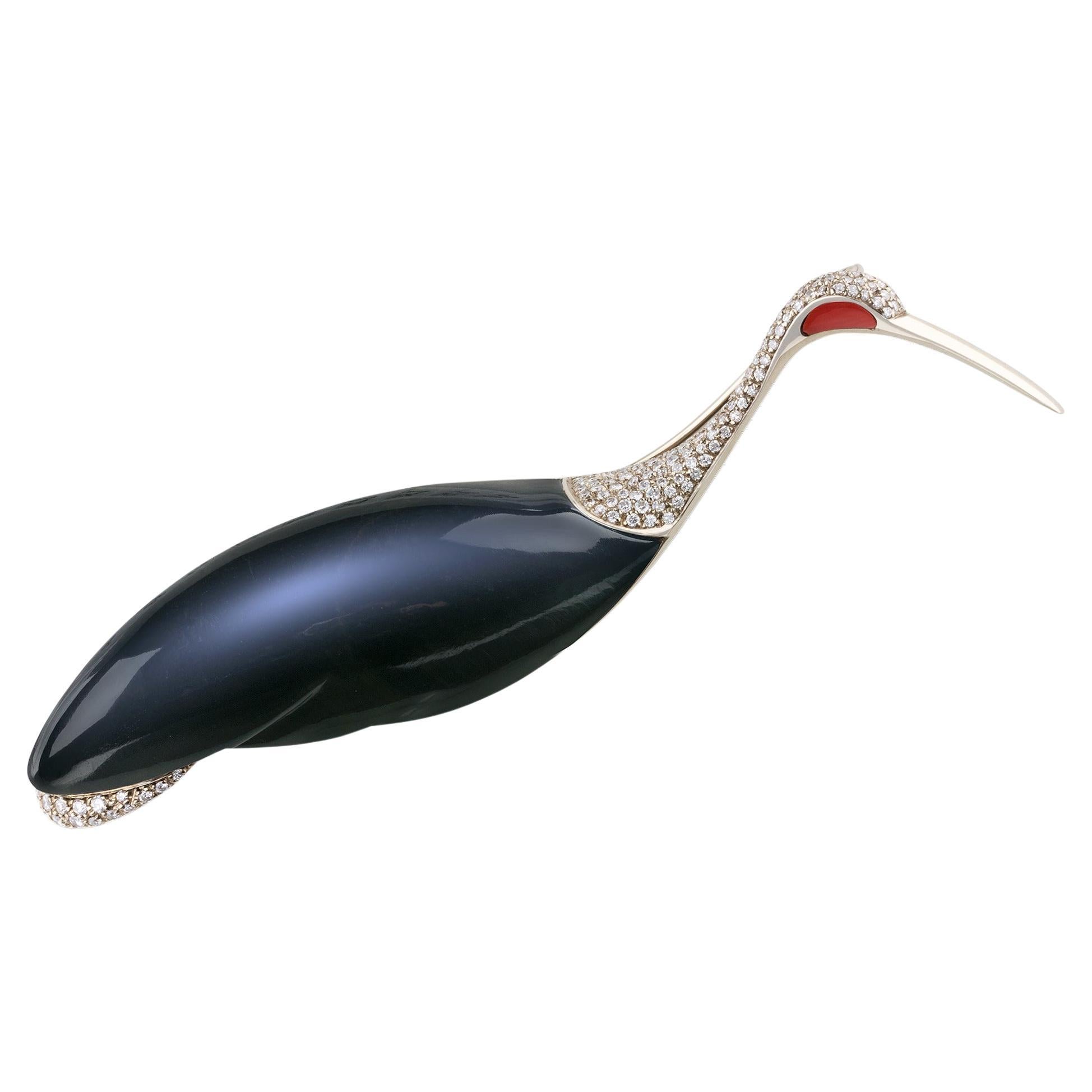 Labradorite and Diamond Stork Brooch