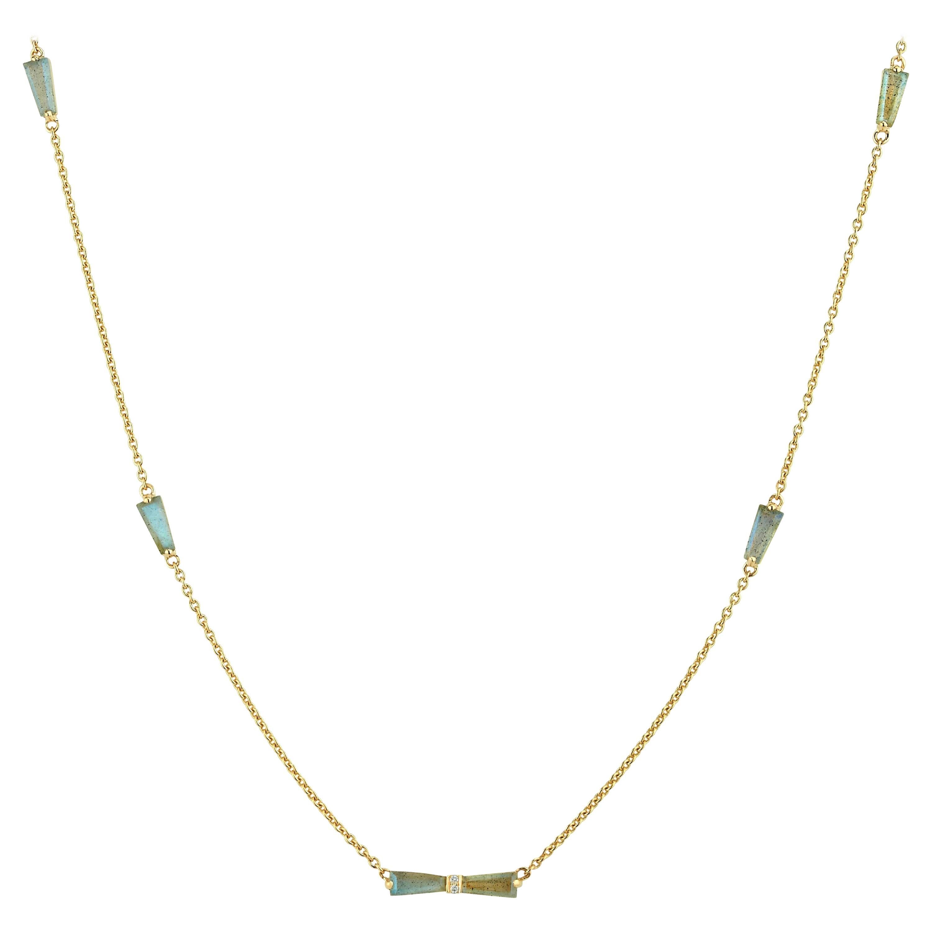 Labradorite and Diamond Tapered Baguette Bow Station Necklace For Sale