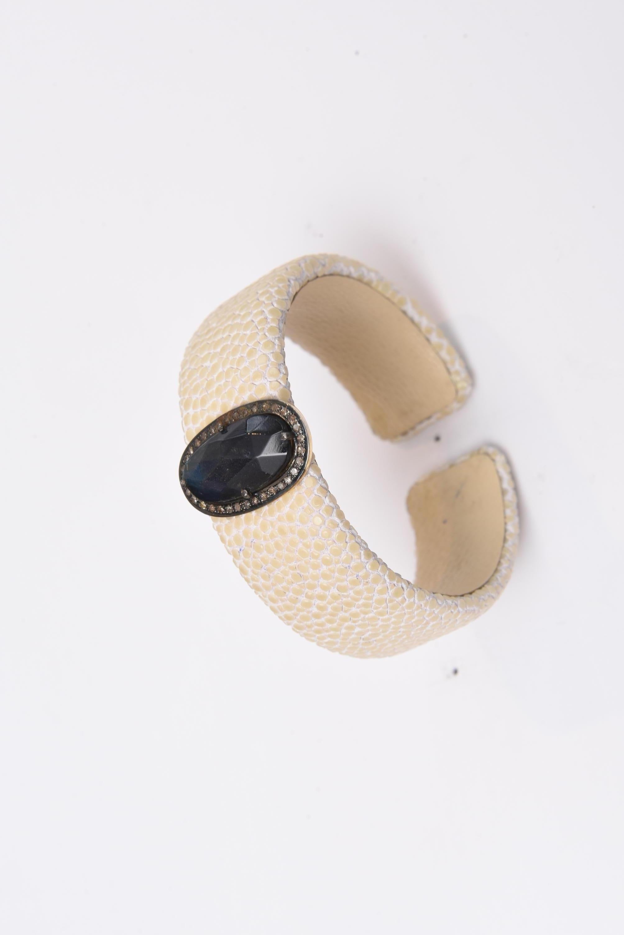 Women's or Men's Labradorite and Diamond White Shagreen Cuff Bracelet For Sale