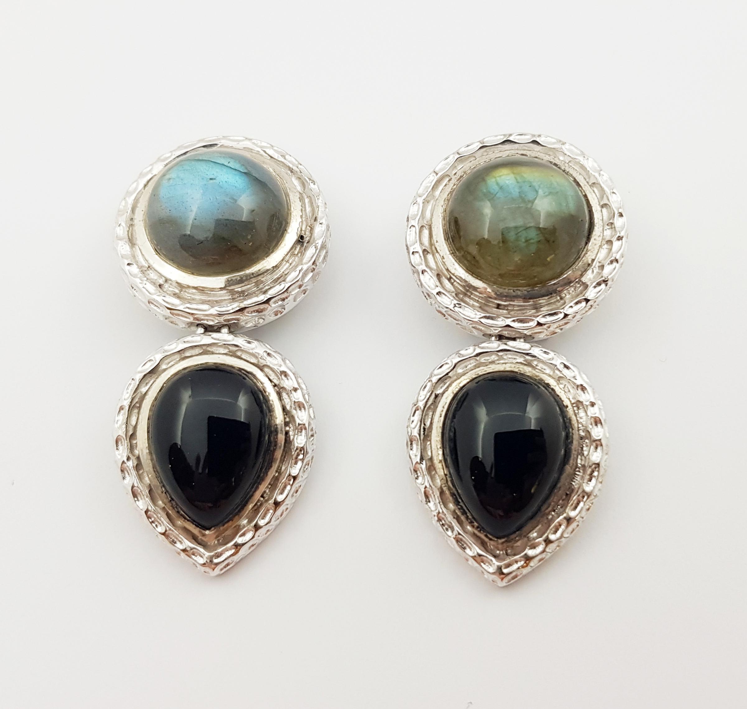 Contemporary Labradorite and Onyx Earrings set in Silver Settings For Sale