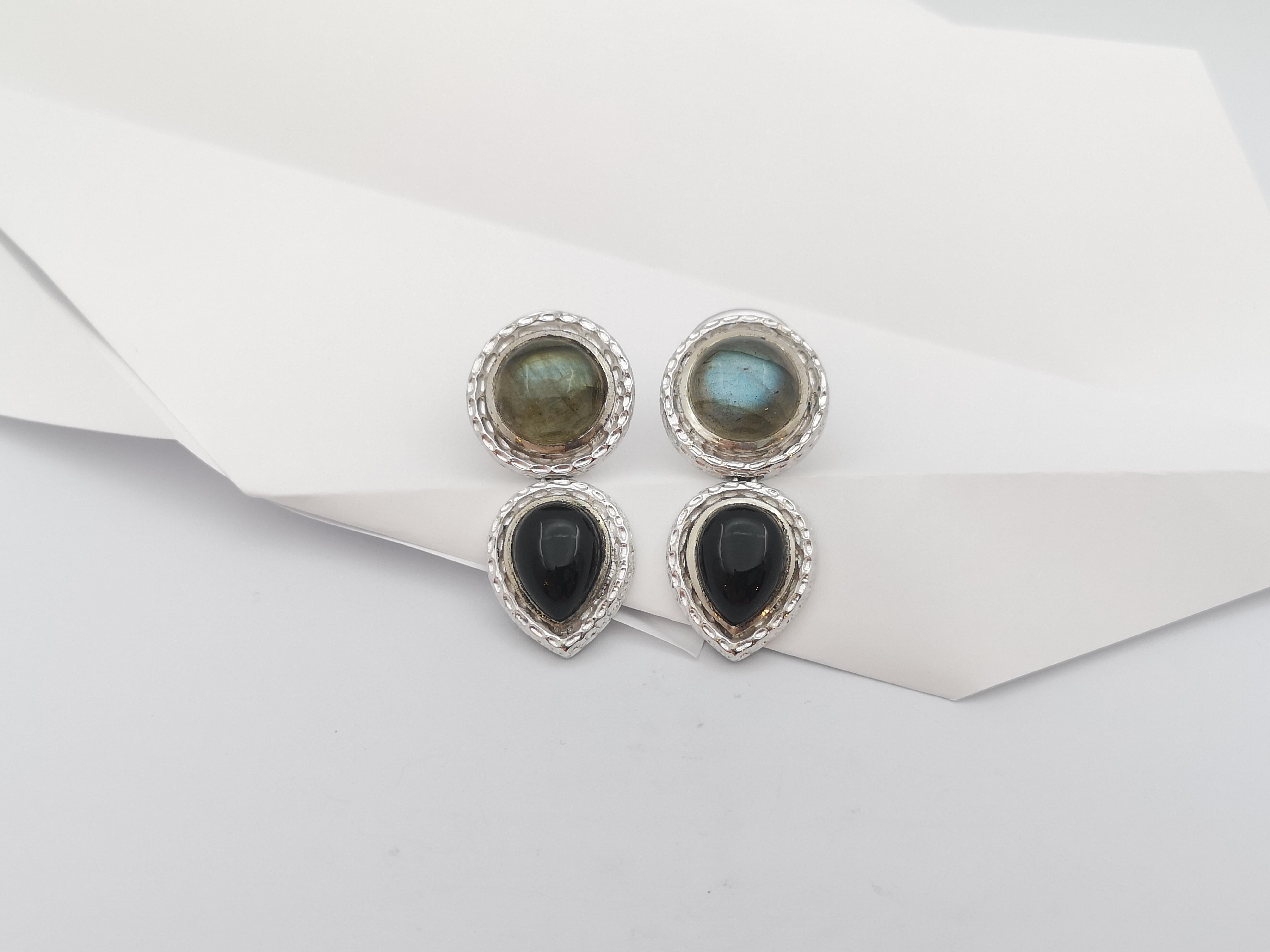 Cabochon Labradorite and Onyx Earrings set in Silver Settings For Sale