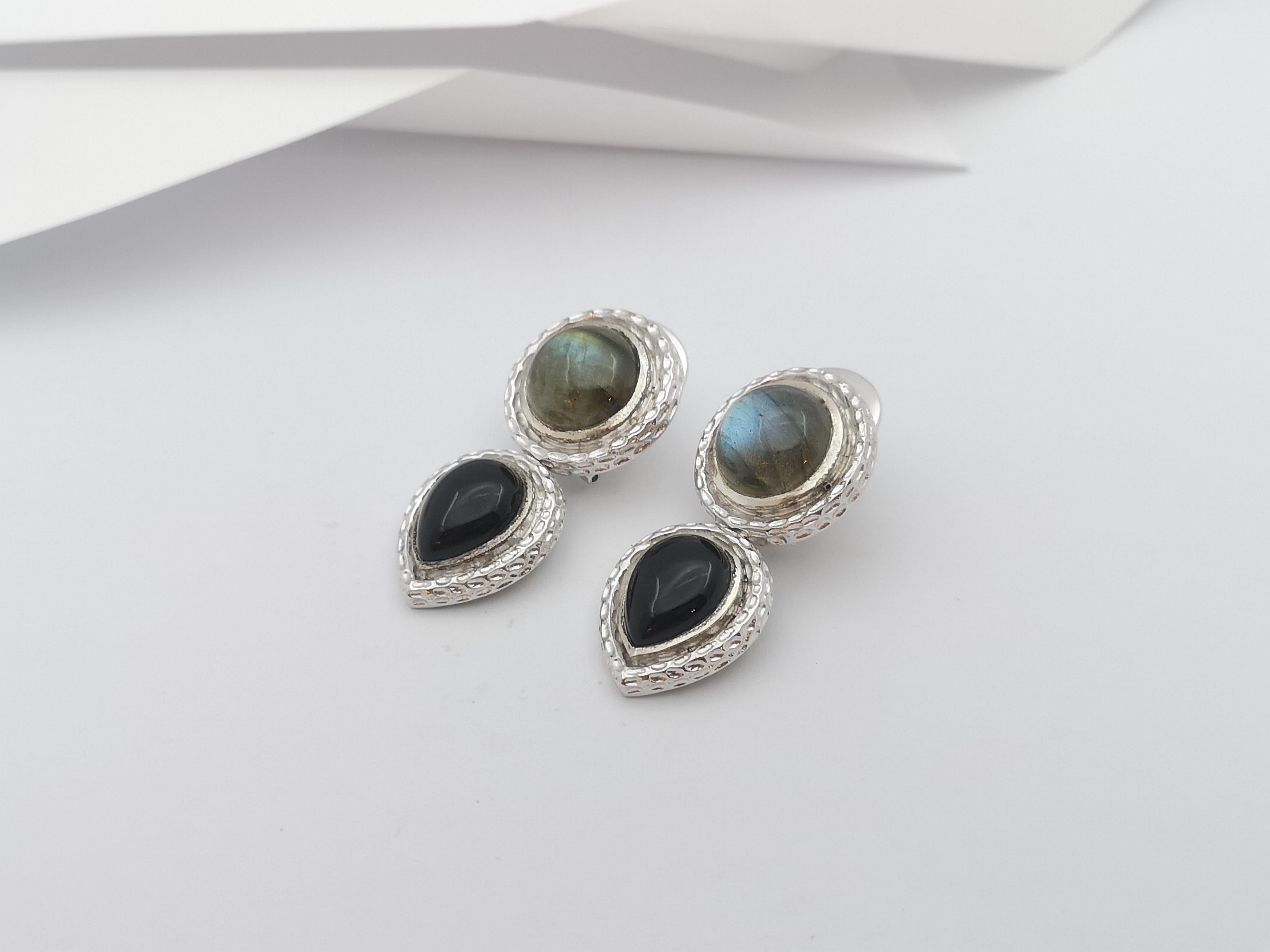 Women's Labradorite and Onyx Earrings set in Silver Settings For Sale