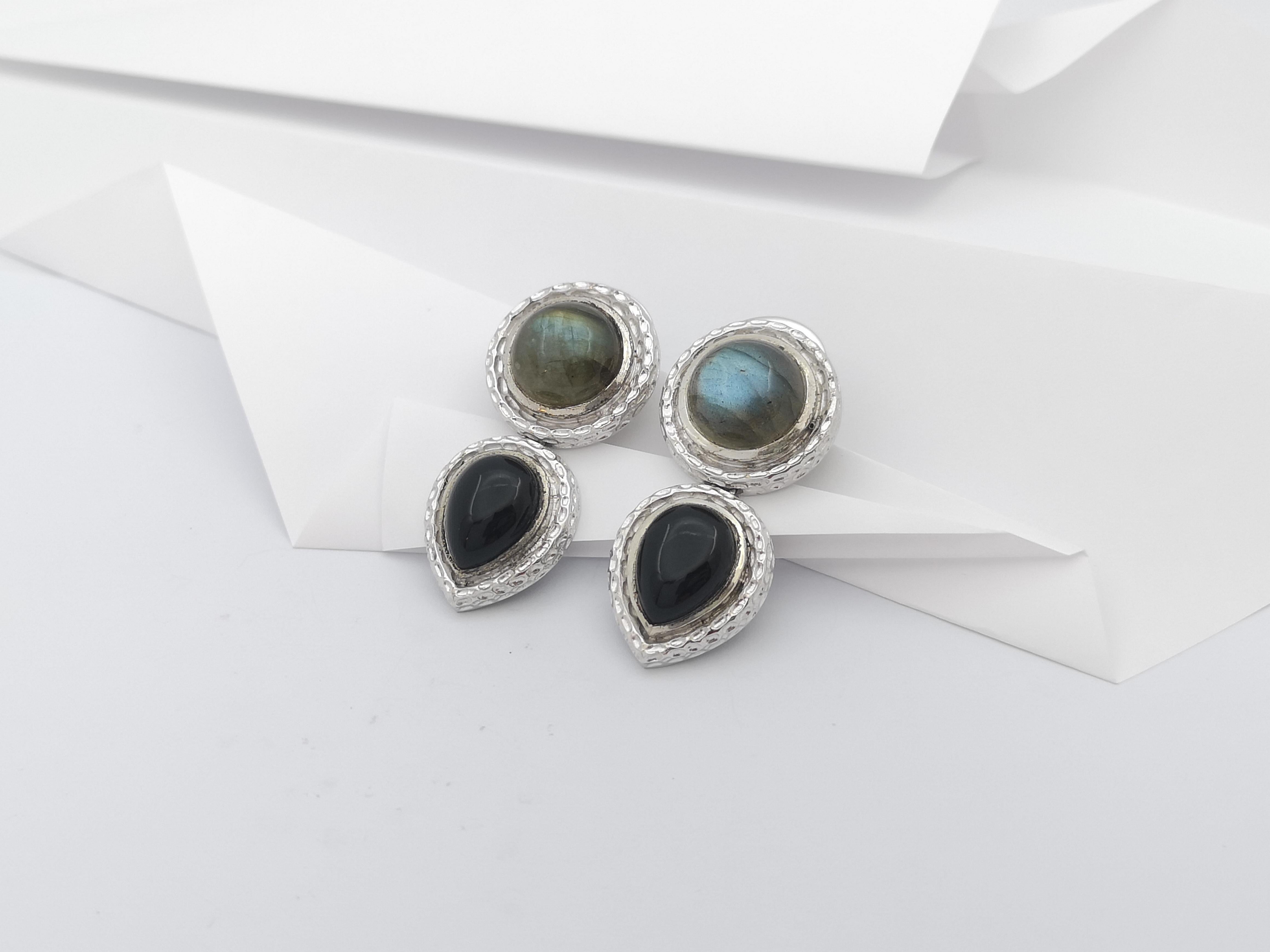 Labradorite and Onyx Earrings set in Silver Settings For Sale 1