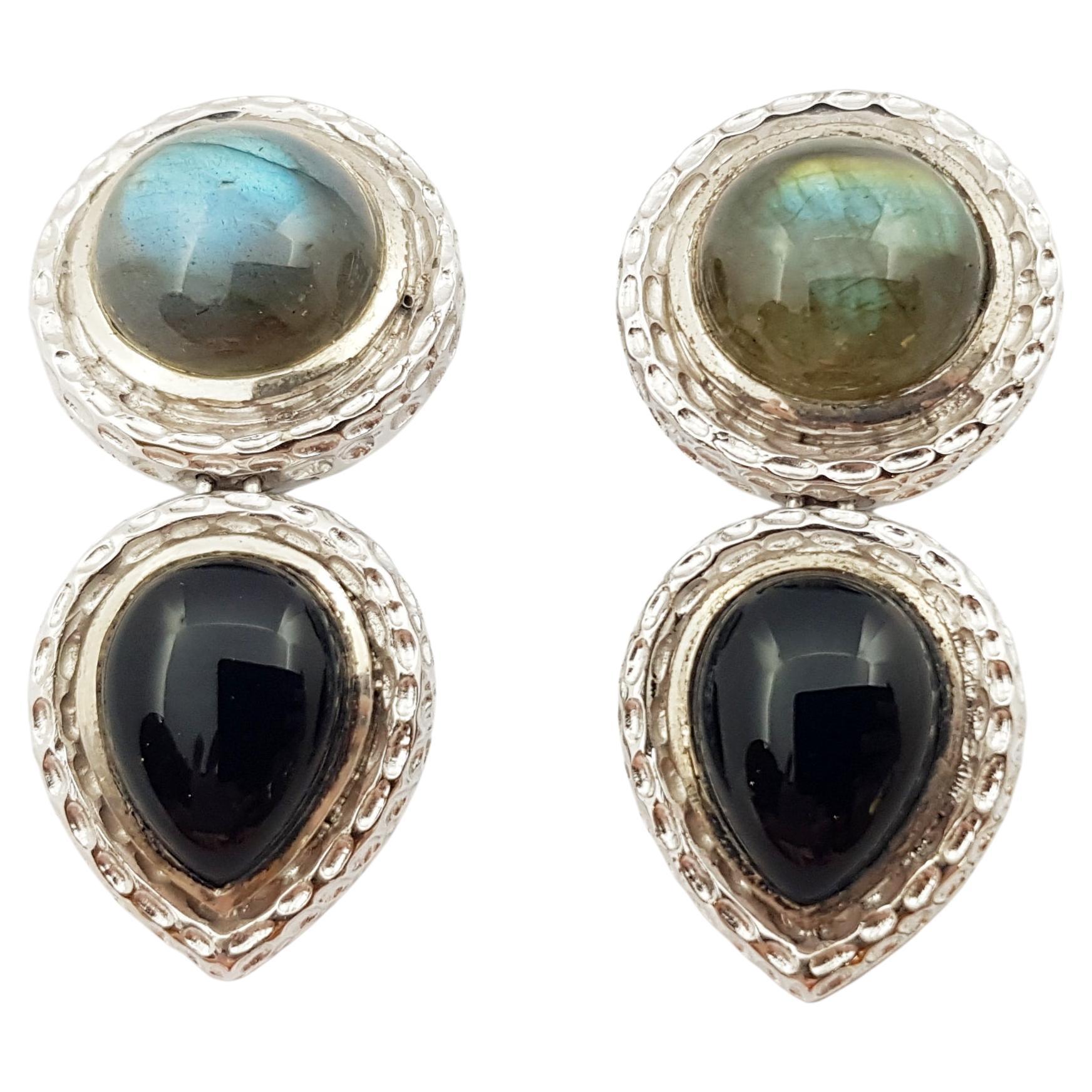 Labradorite and Onyx Earrings set in Silver Settings For Sale