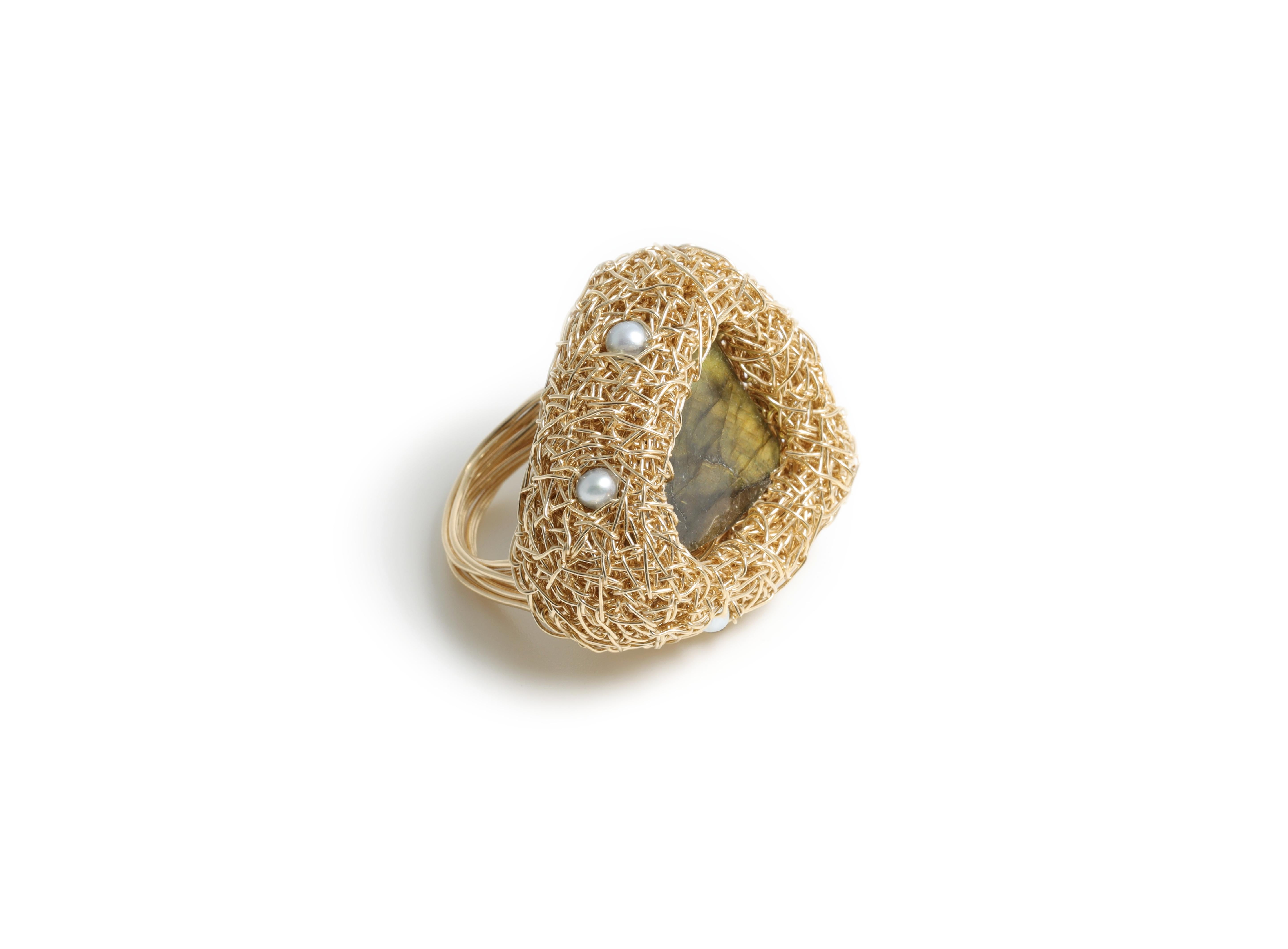 Contemporary Labradorite and Pearl one-off Cocktail Statement Ring by the artist For Sale
