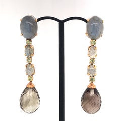 Labradorite and Smoky Quartz with Yellow Sapphire on Yellow Gold Dangle Earrings