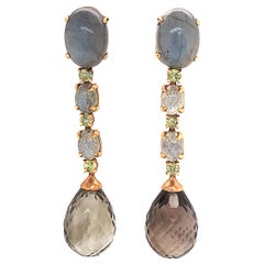 Labradorite and Smoky Quartz with Yellow Sapphire on Yellow Gold Dangle Earrings